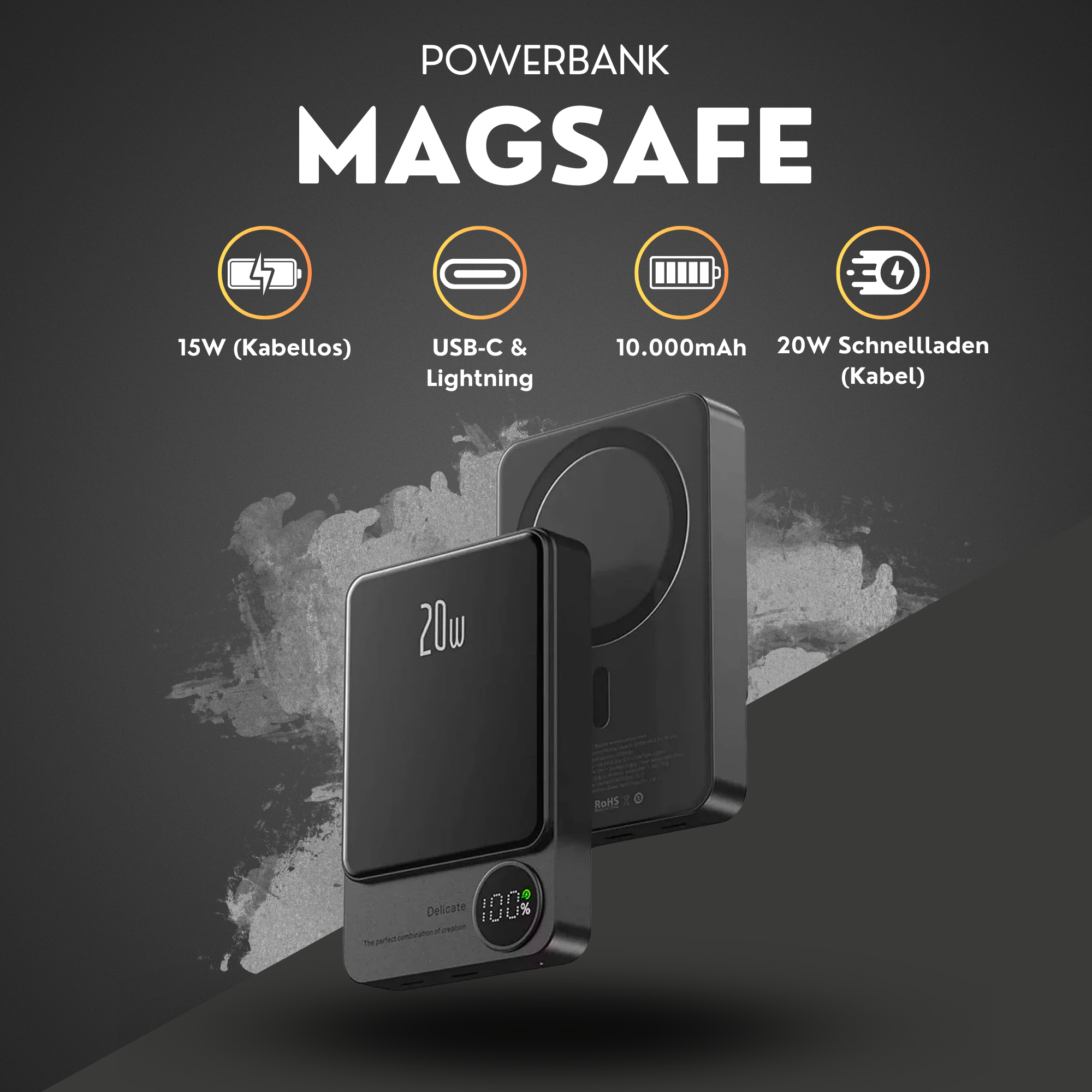 Schwarze Powerbank mit MagSafe-Funktionen und mehreren Symbolen, die Ladespezifikationen detaillieren.
