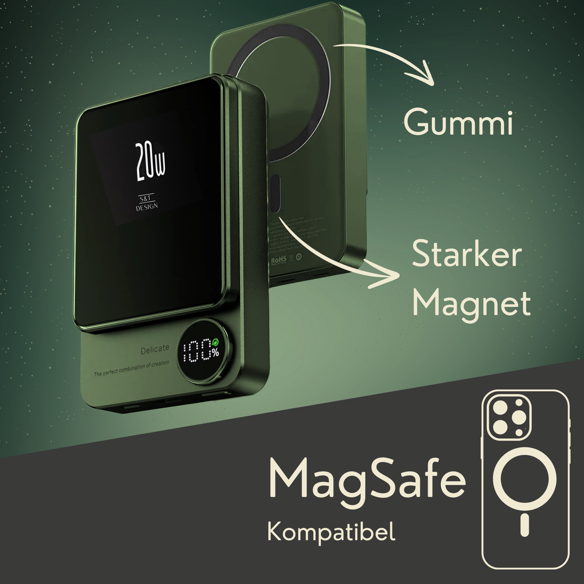 Eine grüne Powerbank mit Etiketten: Gummi, Starker Magnet und MagSafe Compatible.