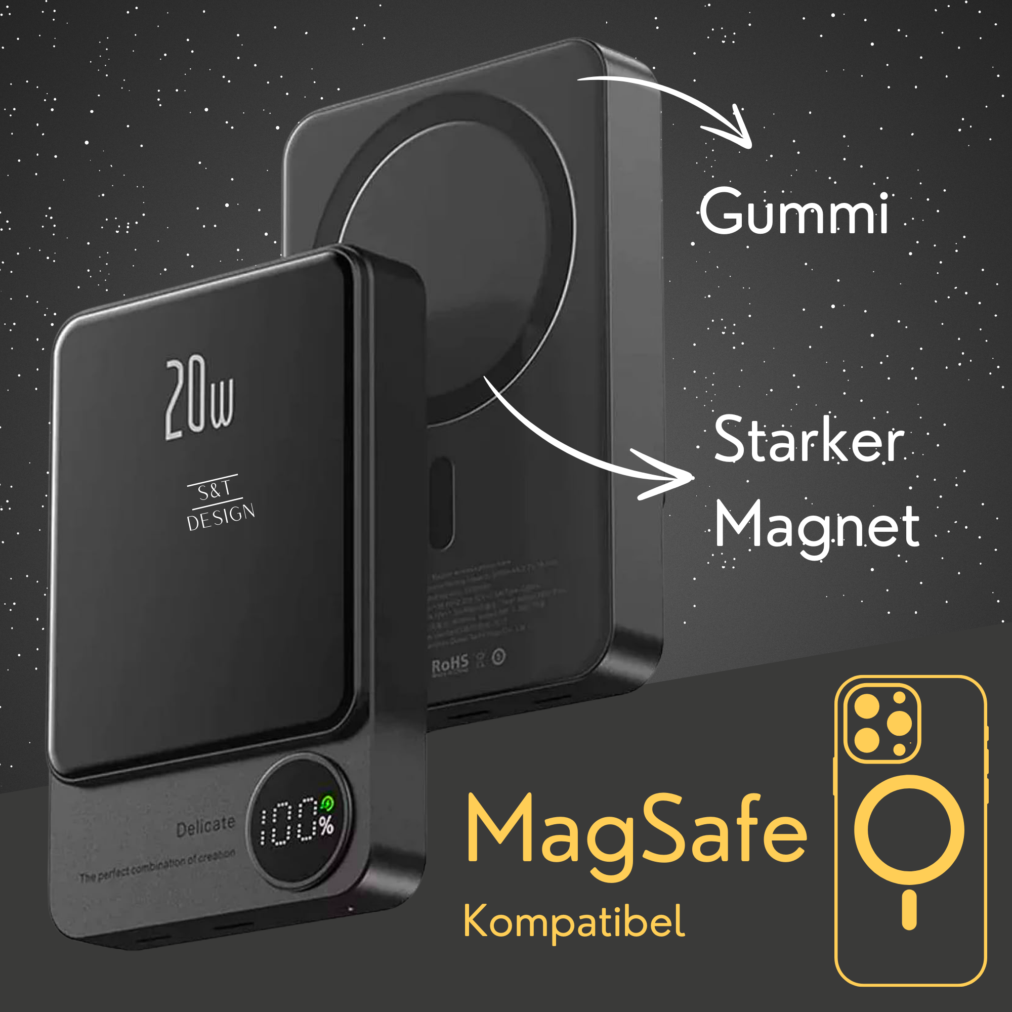 Eine schwarze MagSafe Powerbank mit einer Handyhülle, die die MagSafe-Kompatibilität zeigt.