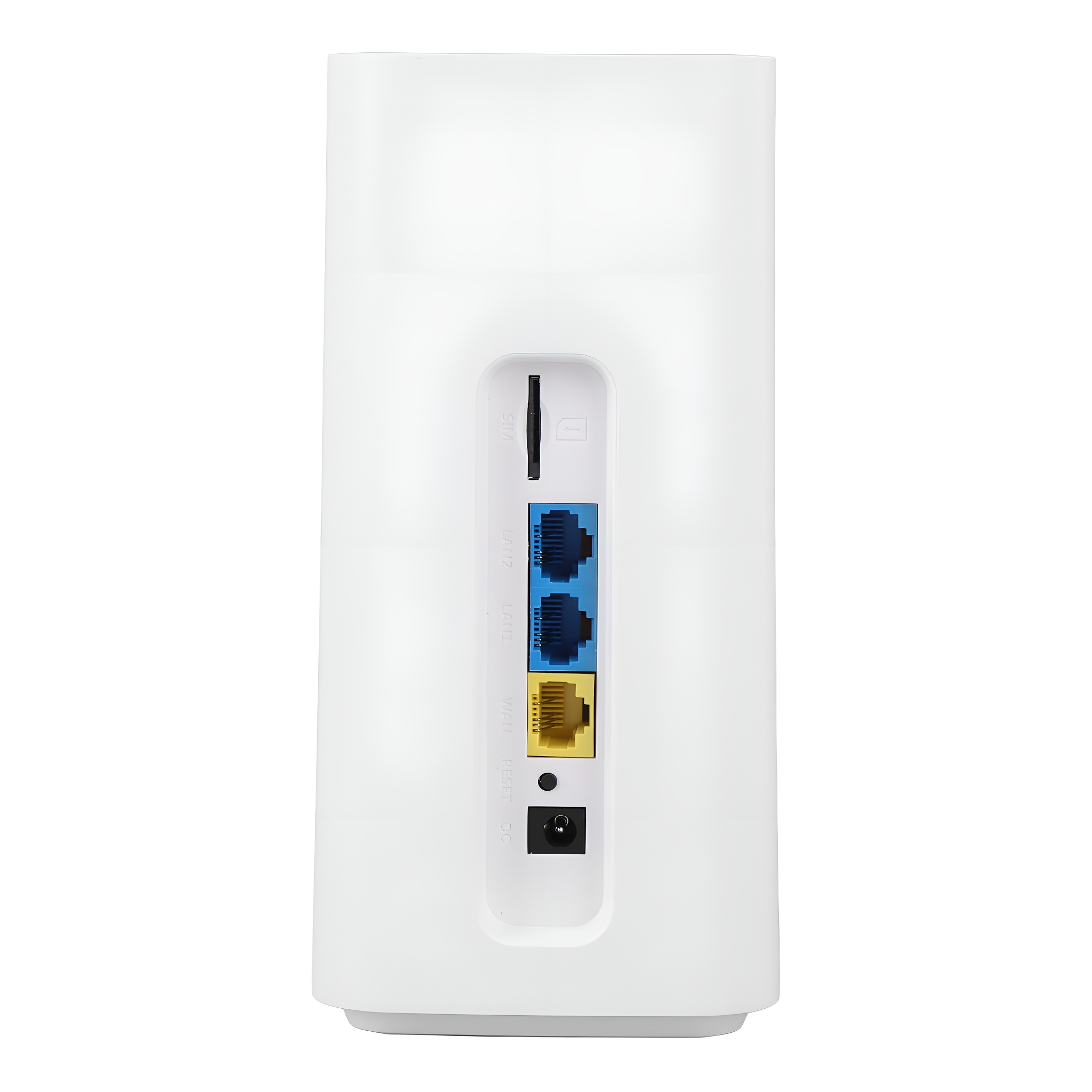 Weißer Router mit blauen, gelben Ethernet-Anschlüssen und einem SIM-Kartensteckplatz, vor weißem Hintergrund.
