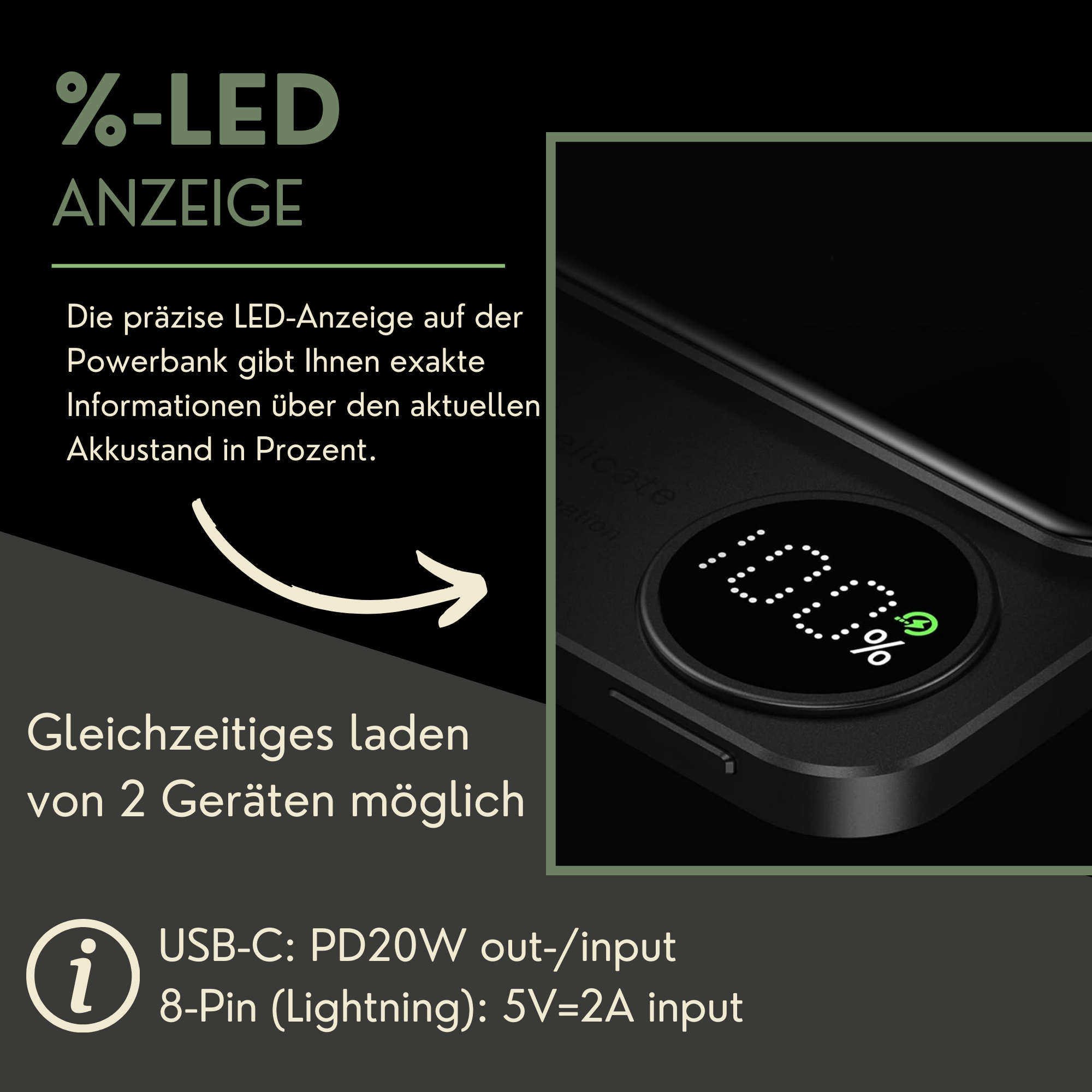 Nahaufnahme einer schwarzen Powerbank mit prozentualer LED-Anzeige, die 100 % anzeigt.