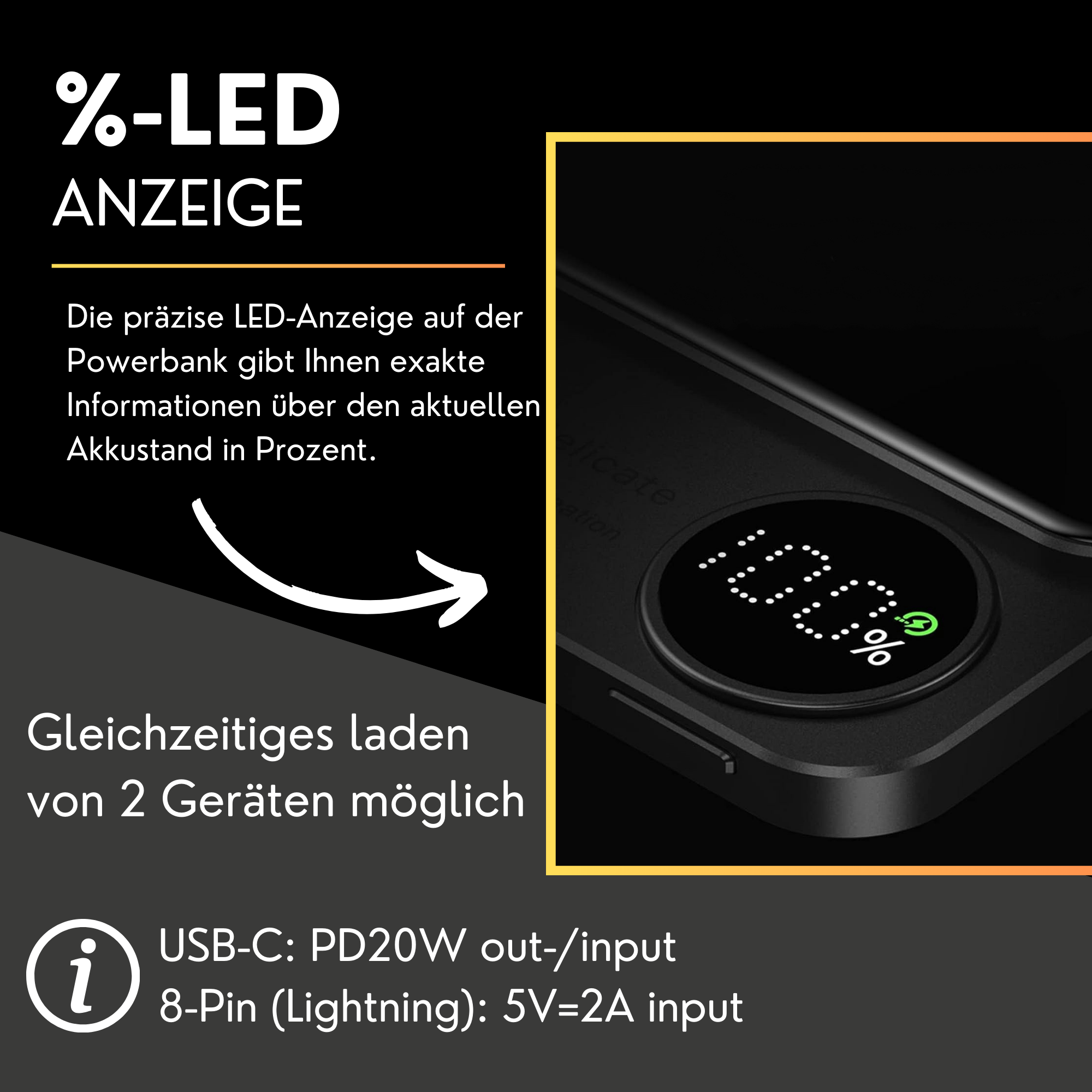 Eine schwarze Powerbank mit Digitalanzeige und Text zum Aufladen von zwei Geräten.