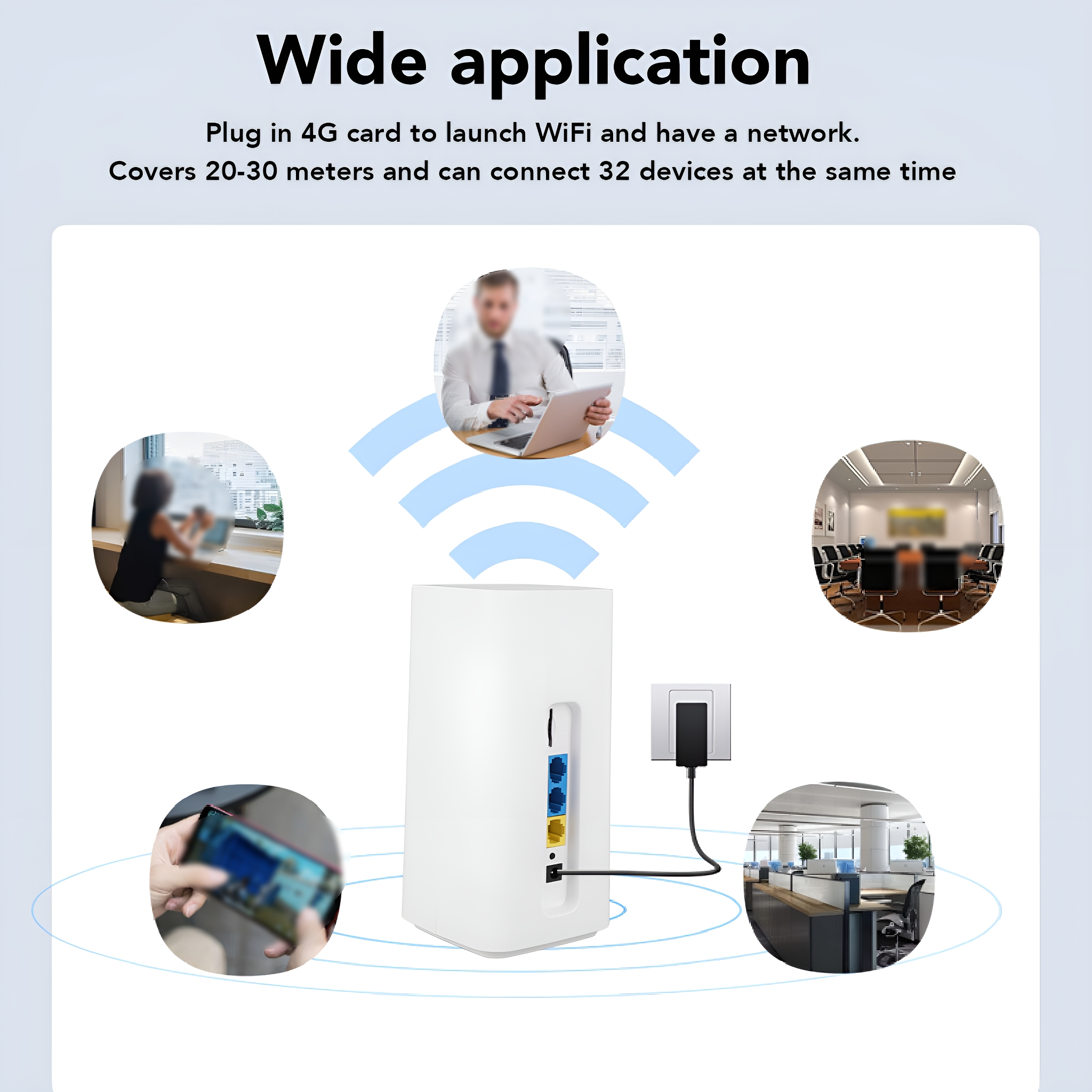 Ein weißer WLAN-Router mit Personen im Hintergrund, der seine breite Anwendung veranschaulicht.
