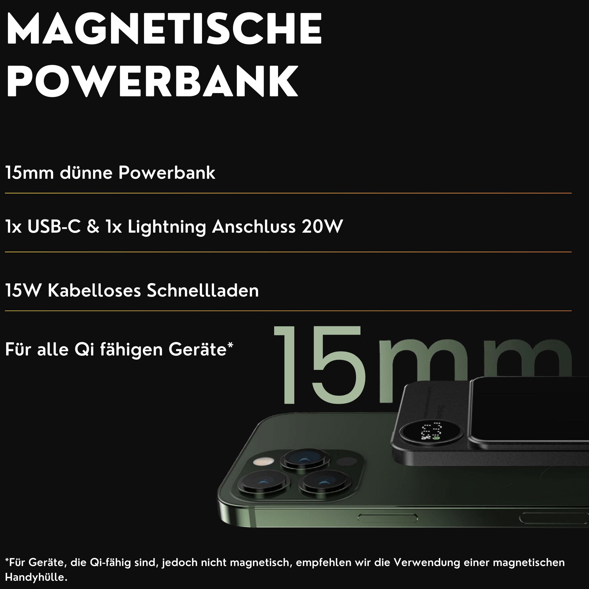 Eine schwarze Powerbank mit Text auf Deutsch. Sie zeigt ein Telefon, das darauf geladen wird.