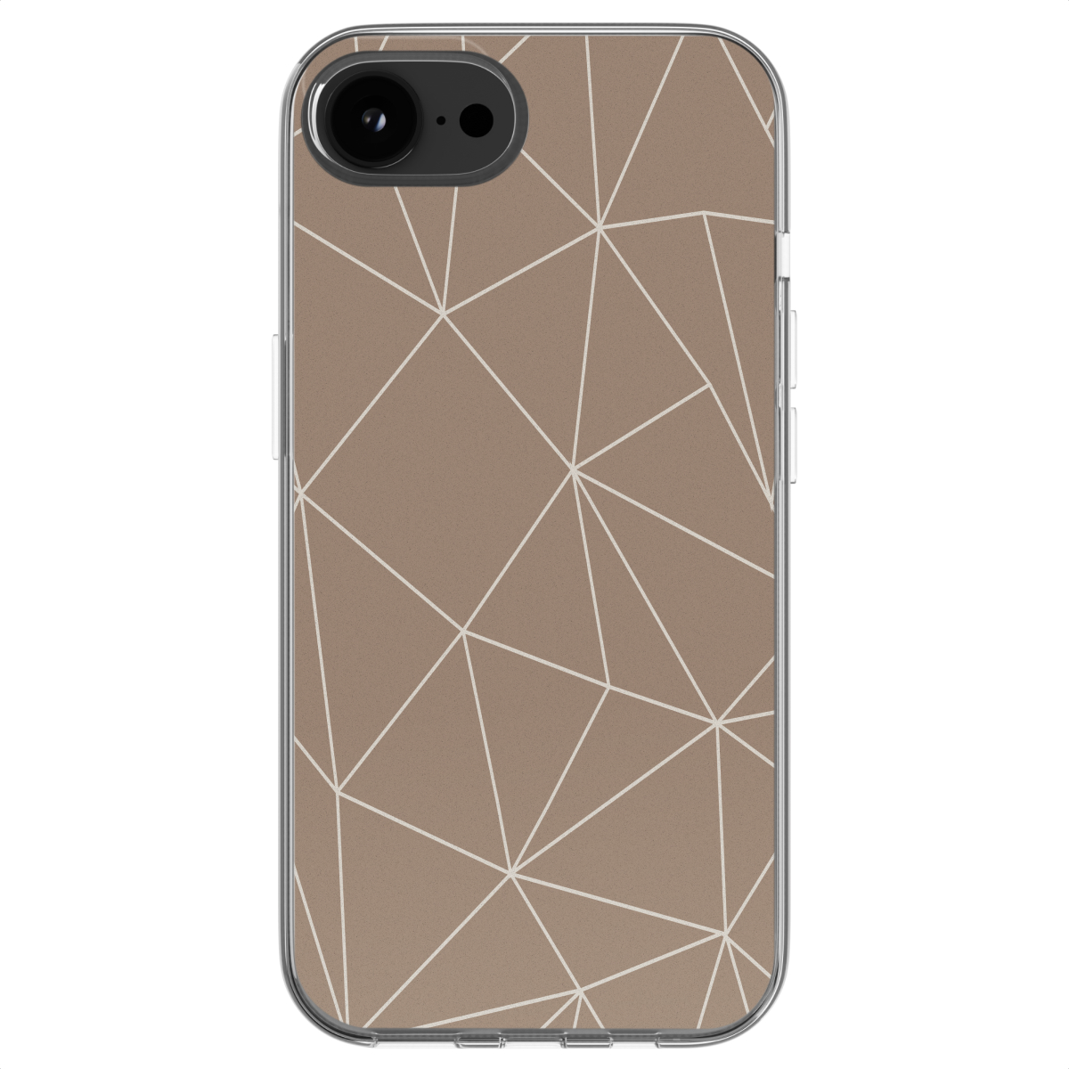 Telefoonhoesje met bruin geometrisch patroon en doorzichtige zijkanten, op witte achtergrond.
