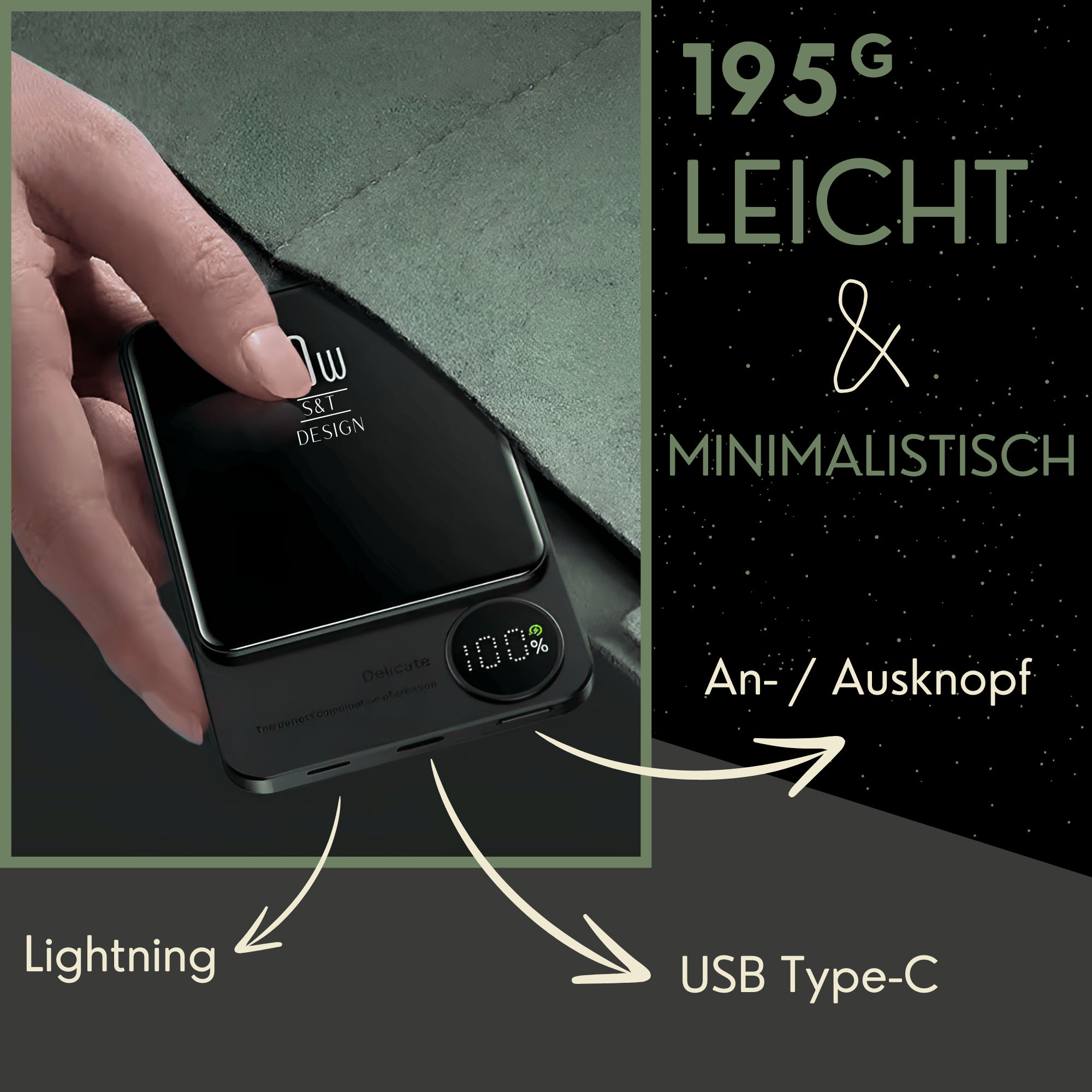 Schwarze Powerbank mit Bildschirm, der 100% anzeigt. Eine Hand hält das Gerät. Text: Lightning, USB Type-C.