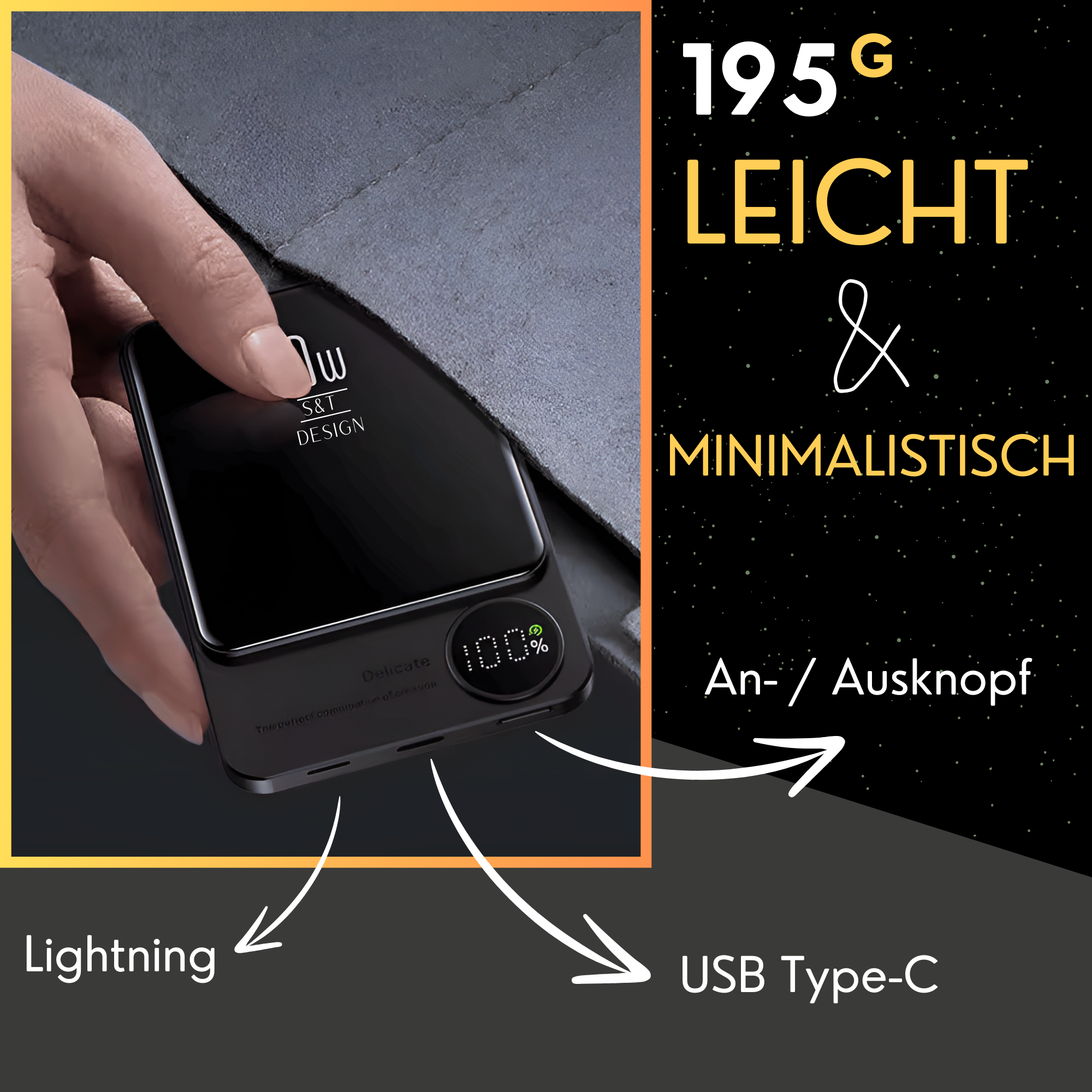 Ein schwarzes tragbares Ladegerät mit Text und Pfeilen, die Ladefunktionen anzeigen.