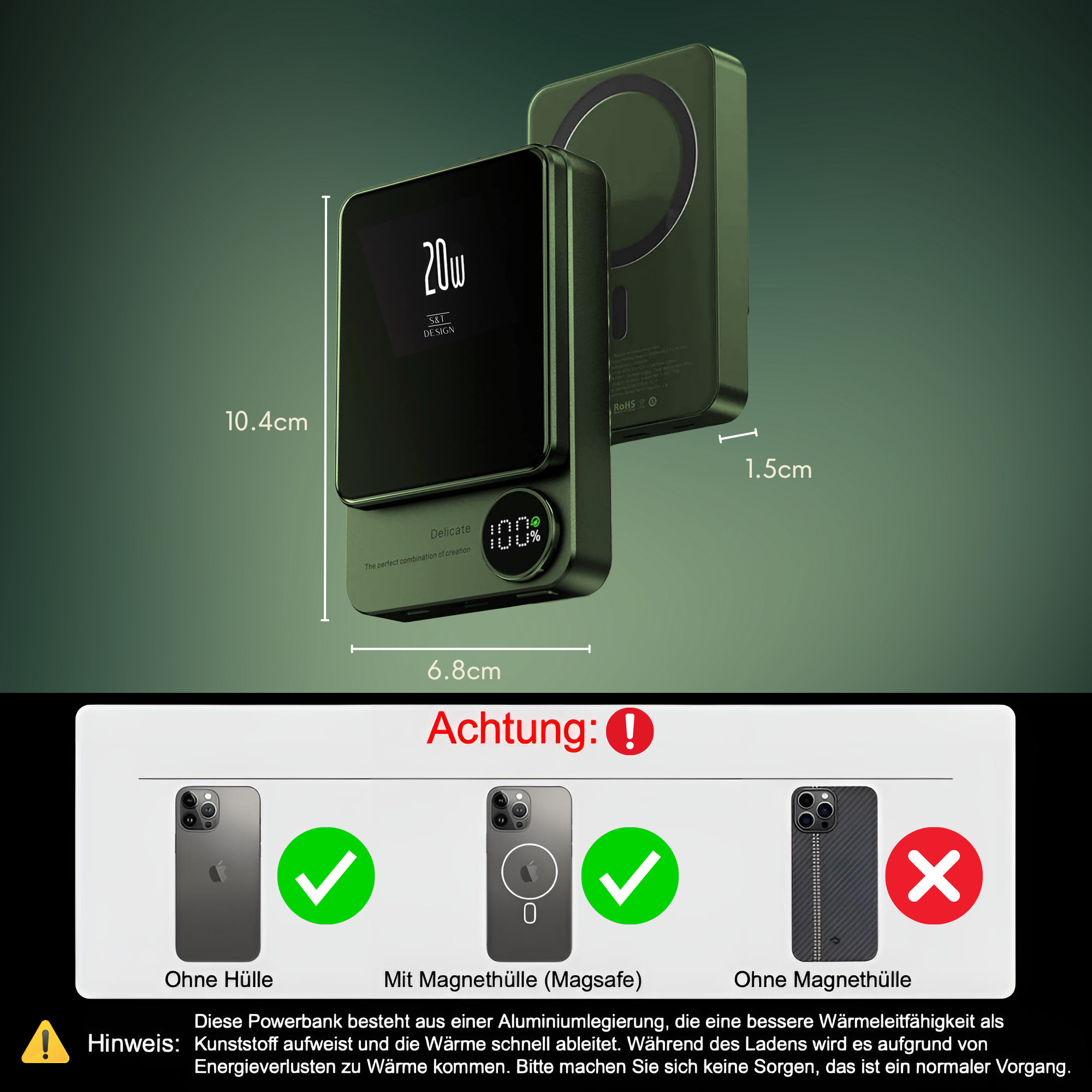Eine grüne Powerbank mit Details, Warnungen und angegebenen Abmessungen.