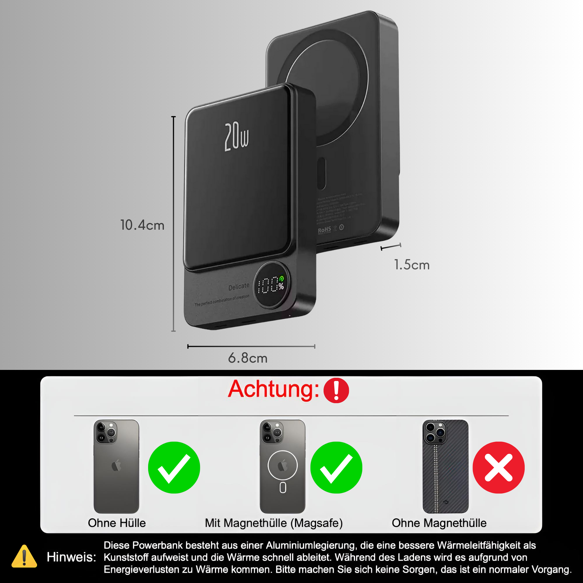 Eine schwarze Powerbank mit 20W-Etikett, Abmessungen und Warnhinweisen.