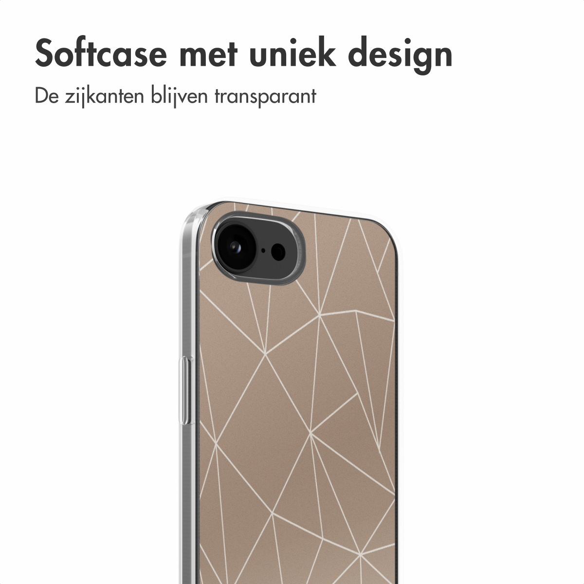 Telefoonhoesje met geometrisch patroon en een doorzichtige rand. Tekstoverlay.