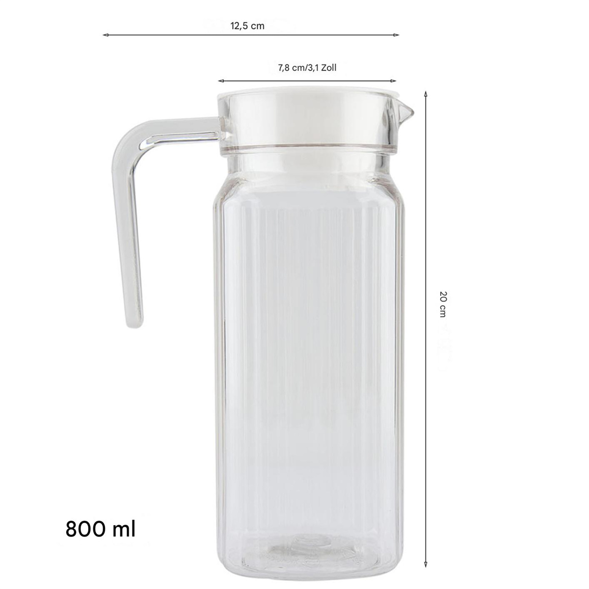 Ein klarer Glaskrug mit Griff und Deckel, mit Abmessungen und Fassungsvermögen (800 ml) gezeigt.