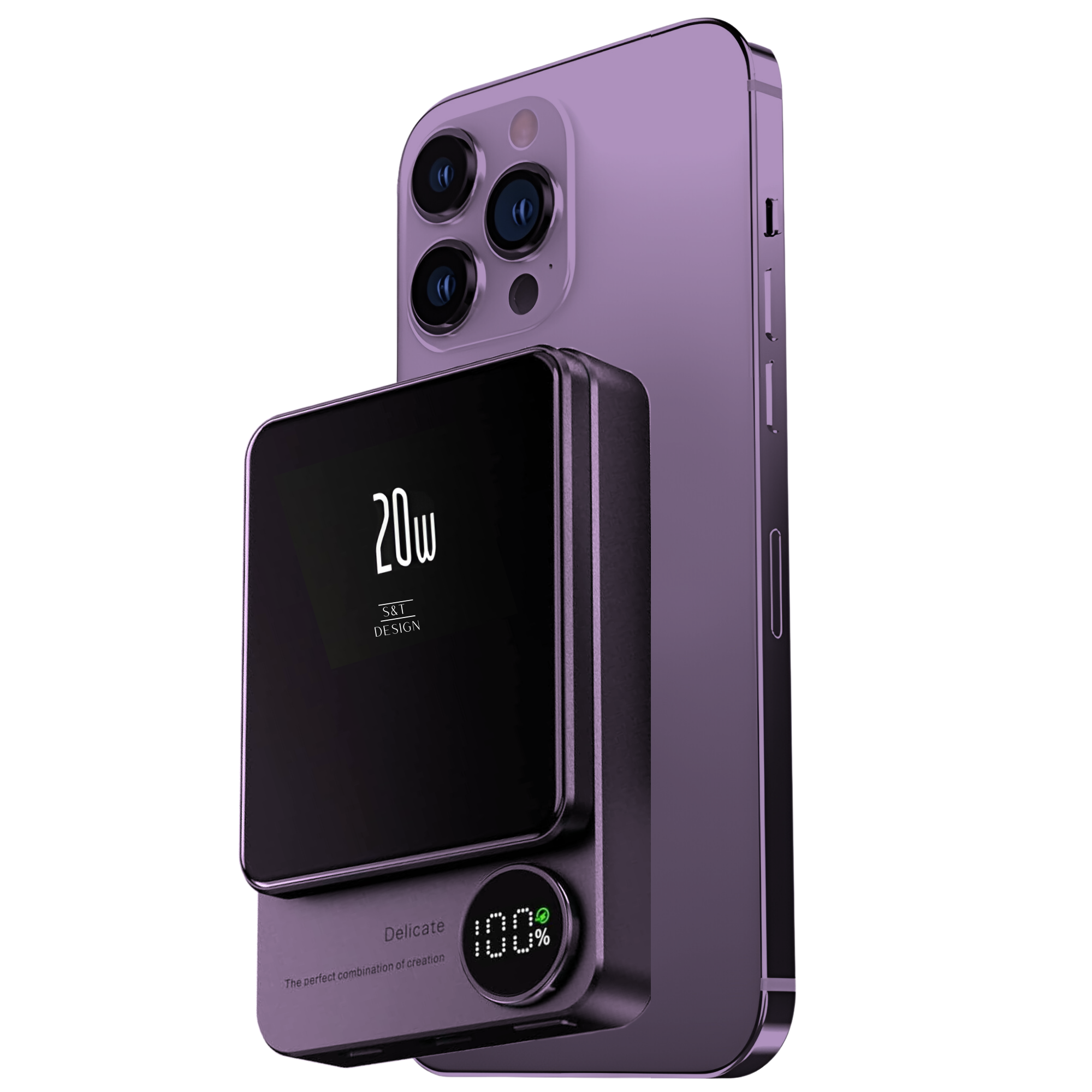 Ein lila Telefon mit einer schwarzen Powerbank. Die Powerbank zeigt '20W' und '100%' an.