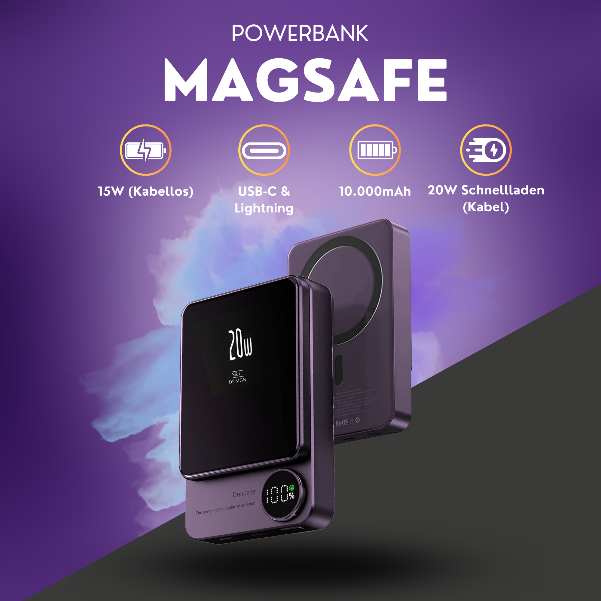 Schwarze und violette Powerbank mit USB-C- und Lightning-Anschlüssen und 10.000 mAh Akku.