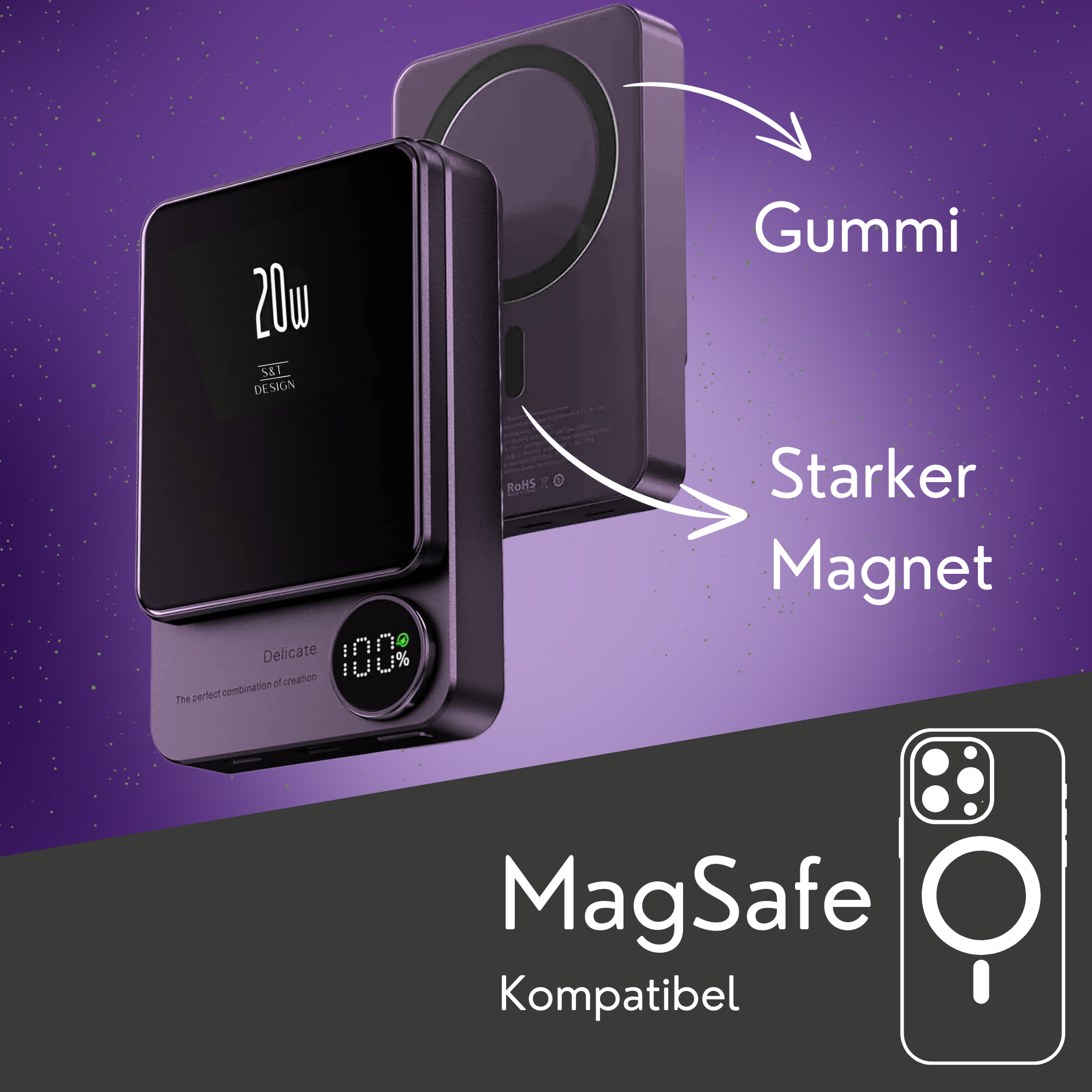 Zwei schwarze MagSafe-Ladegeräte, eines an einem Telefongehäuse befestigt, und eine Nahaufnahme eines schwarzen Ladegeräts.