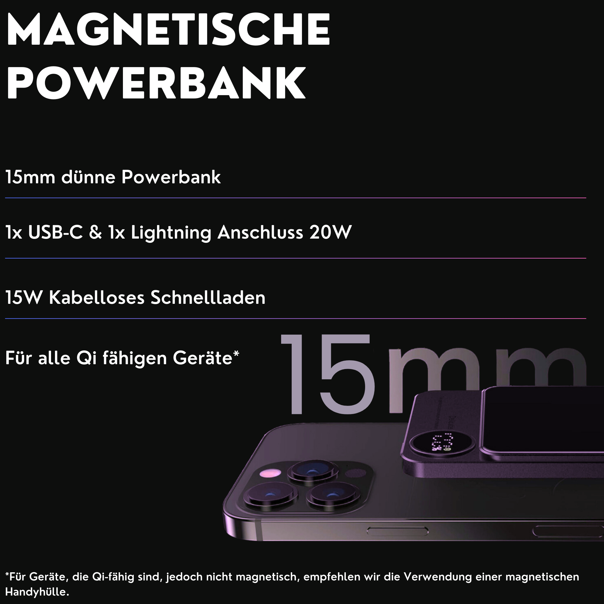 Infografik über eine magnetische Powerbank mit Spezifikationen und einem Telefon.