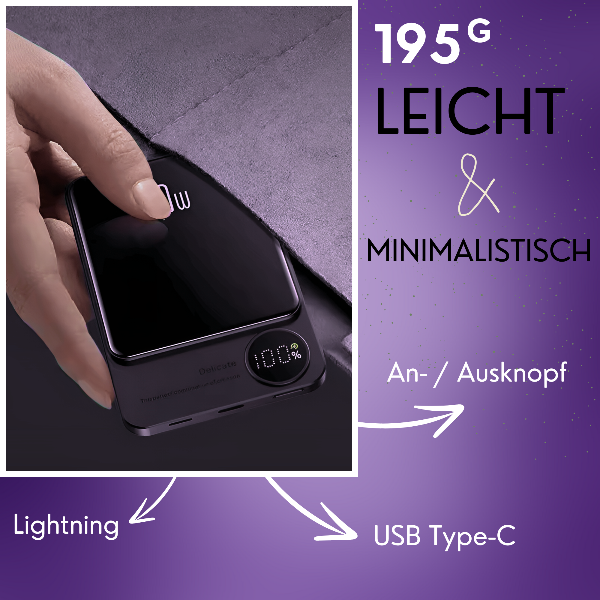 Nahaufnahme einer schwarzen Powerbank mit Bildschirm, der 100 % anzeigt, und Text in Weiß.
