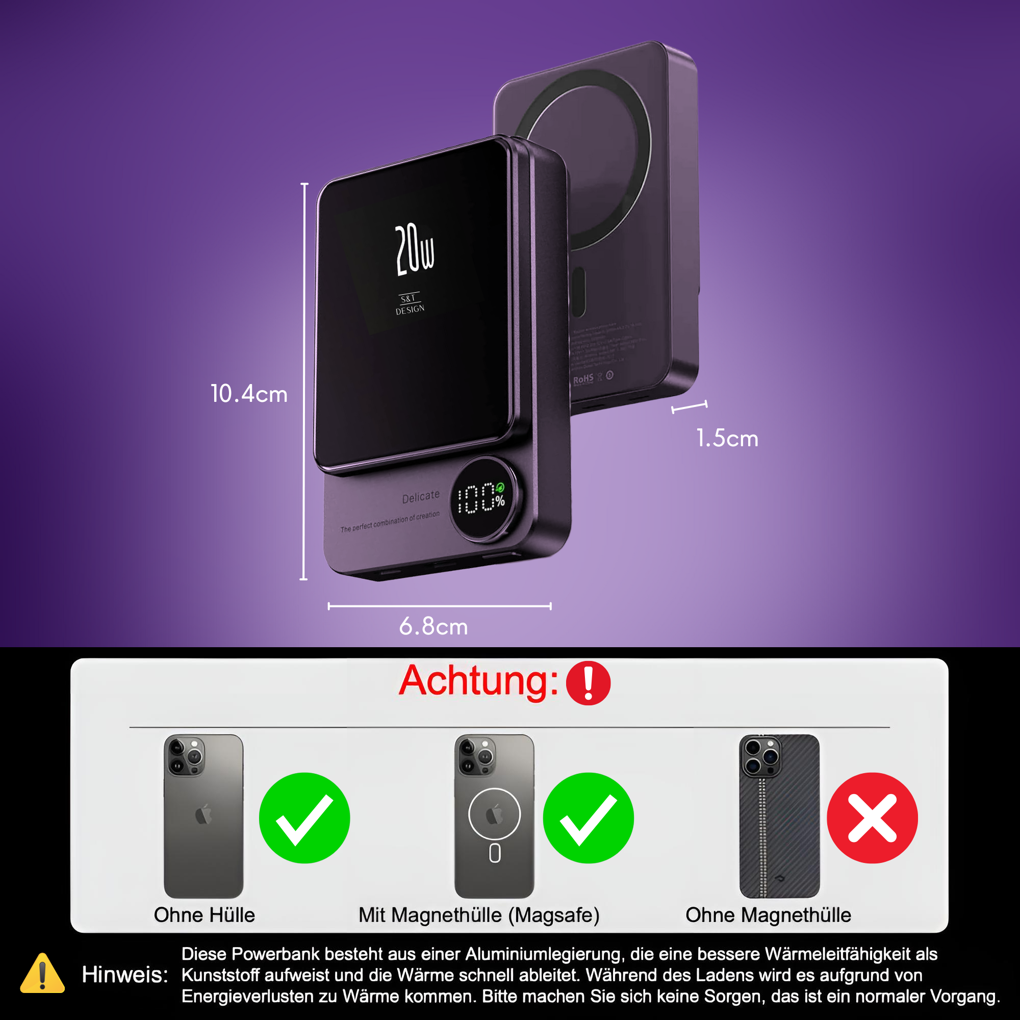 Schwarze und lila Powerbank mit USB und Display. Enthält eine Warnung zu MagSafe-Hüllen.