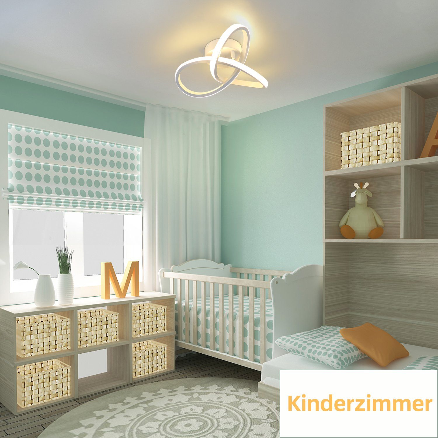 Una guardería con una luz de techo, cuna, estanterías y cortinas de lunares. Se muestra la palabra Kinderzimmer.