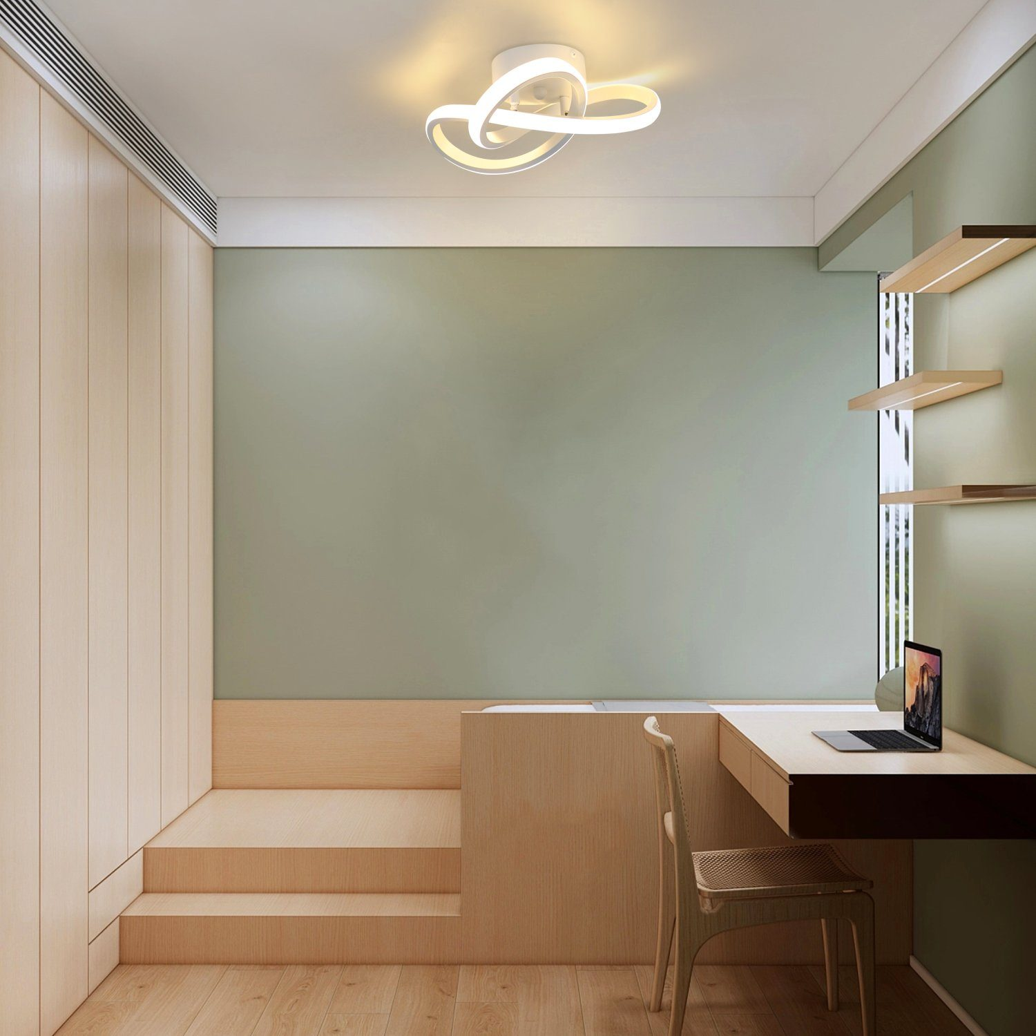 Interior de habitación moderno con luces de techo blancas, suelo de madera y pared verde claro. Muebles de madera y portátil.