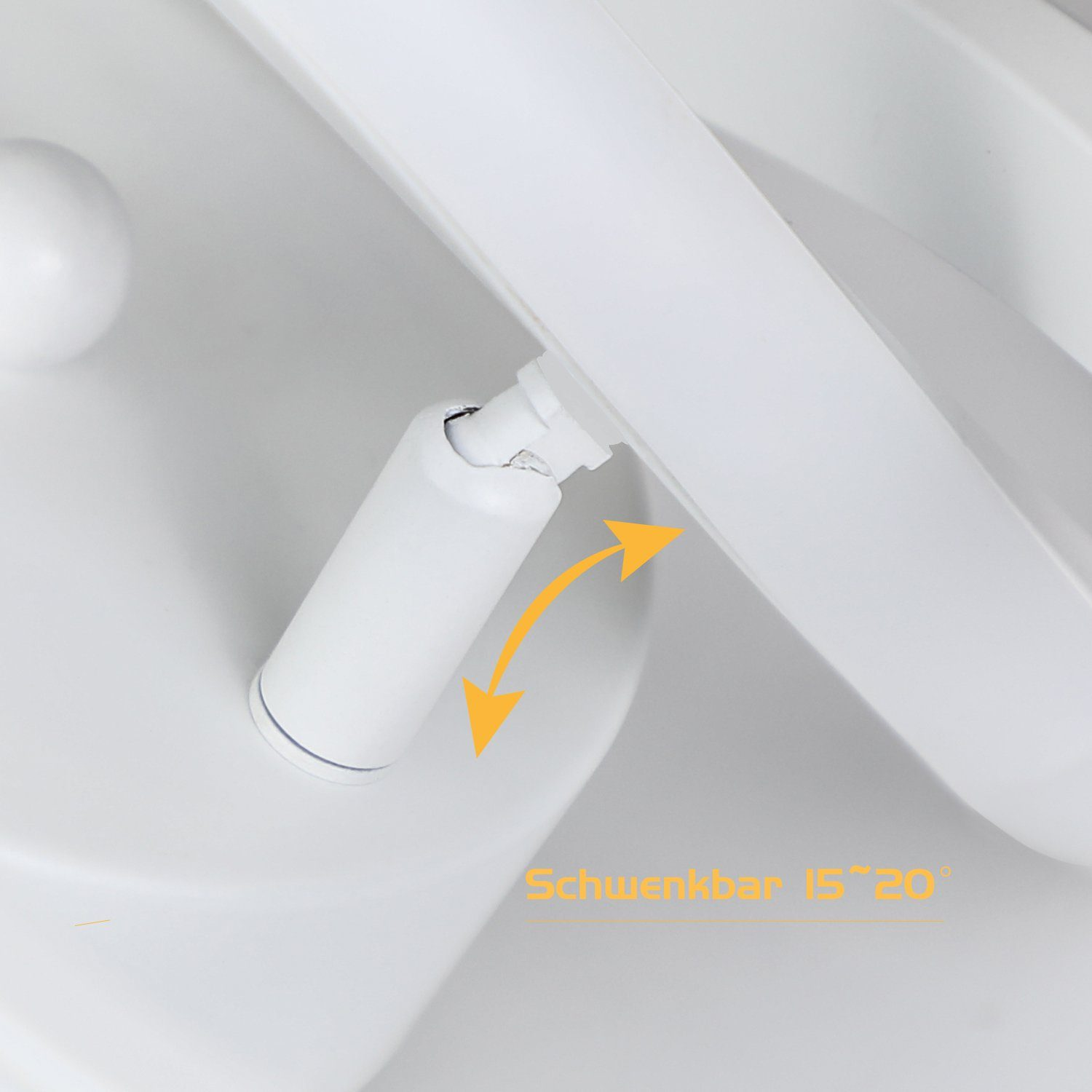 Accesorio de lámpara blanco y ajustable con mecanismo pivotante resaltado.