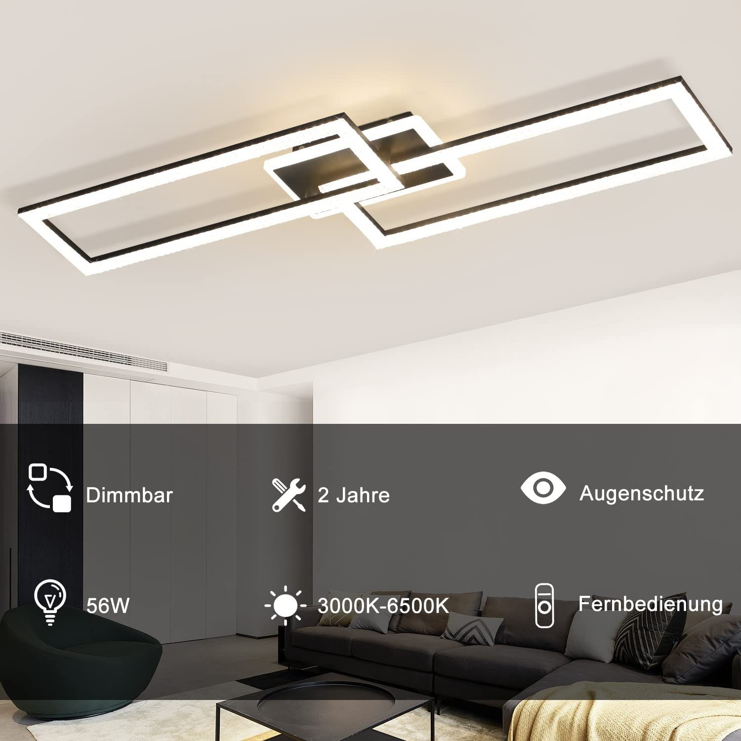 Una lámpara de techo moderna con marco negro y luces blancas. Un fondo de sala de estar.