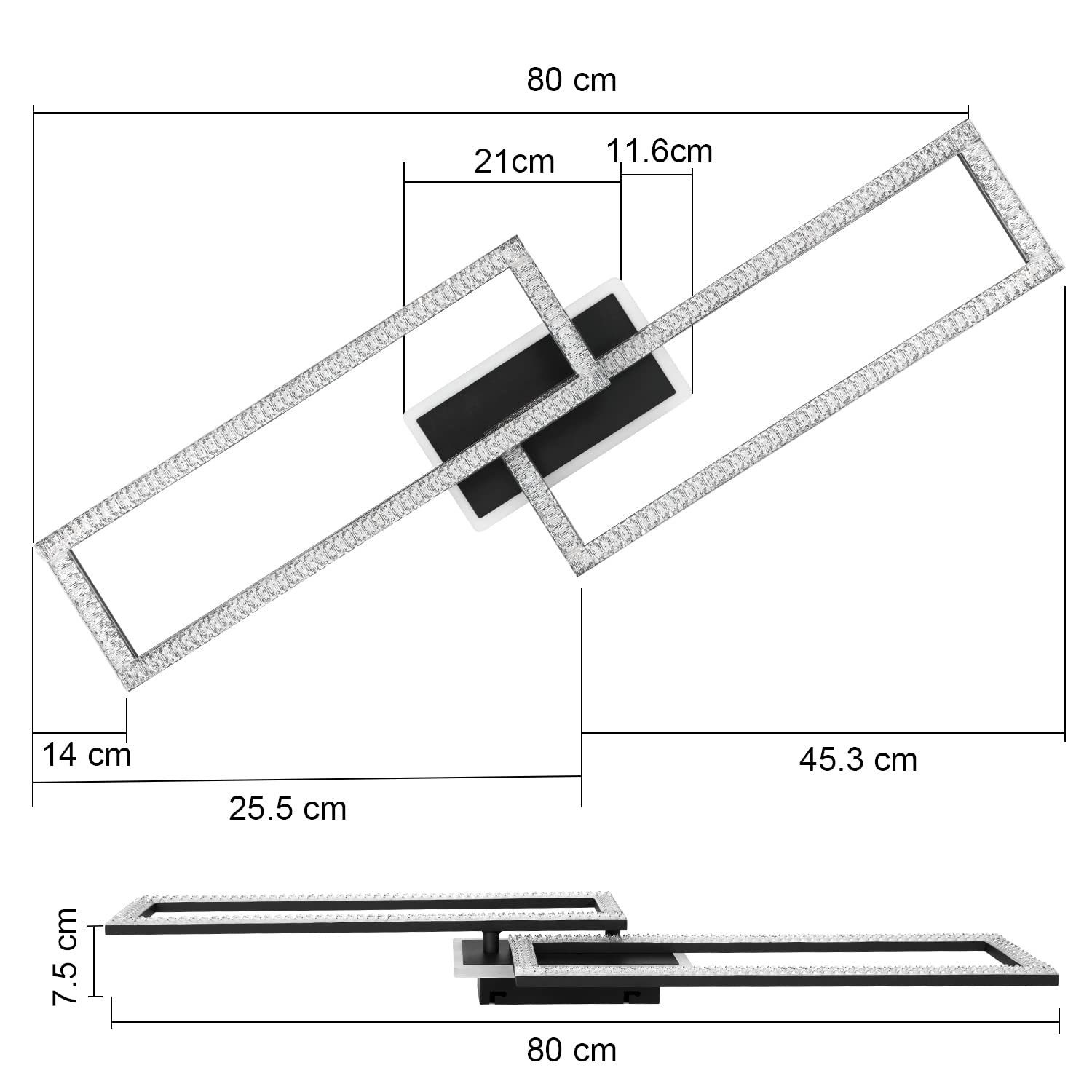 Vista cenital de una lámpara LED moderna y geométrica con dimensiones etiquetadas.