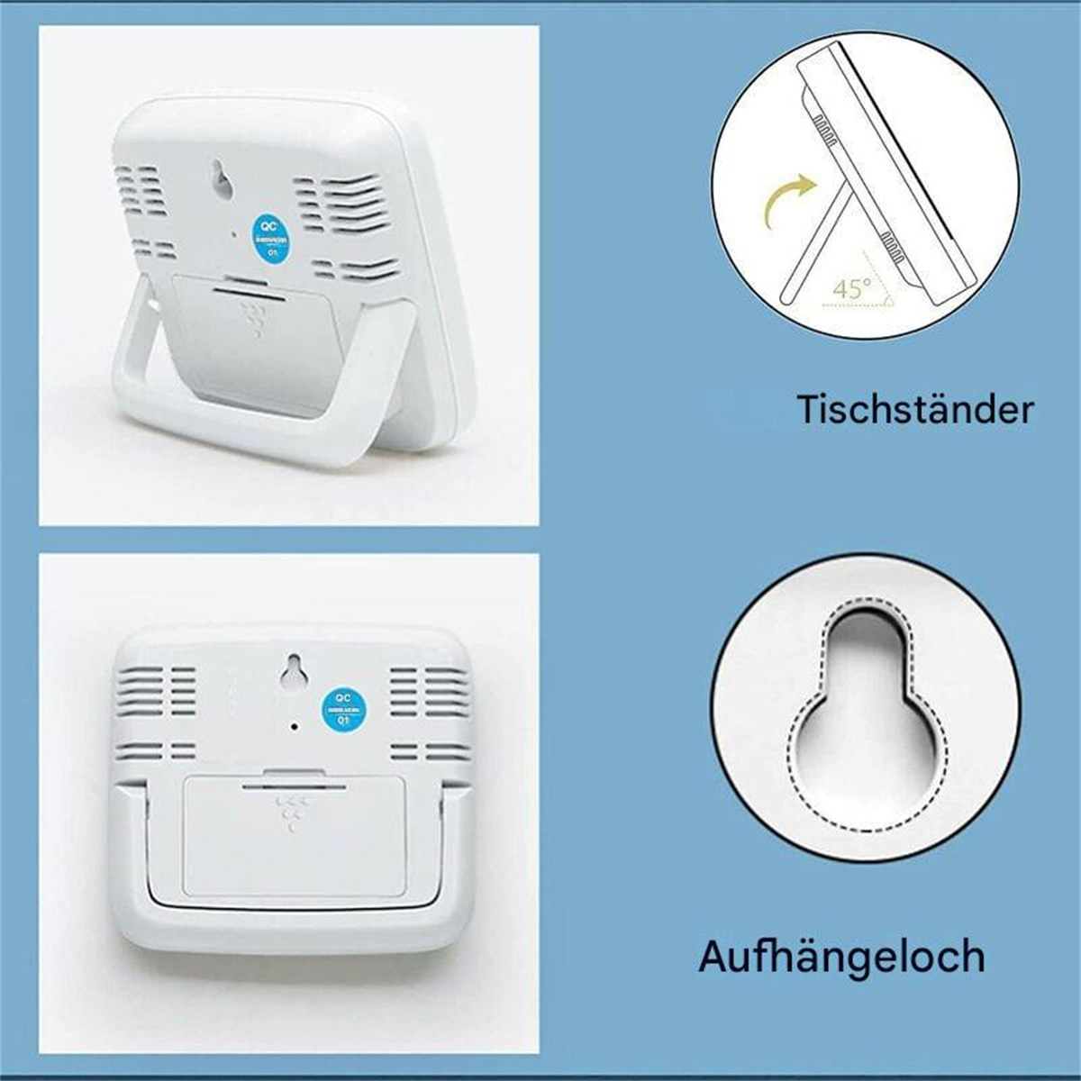 Ein weißes digitales Thermometer mit Ständer und Aufhängeloch, mit blauem Hintergrund. Details sind gezeigt.