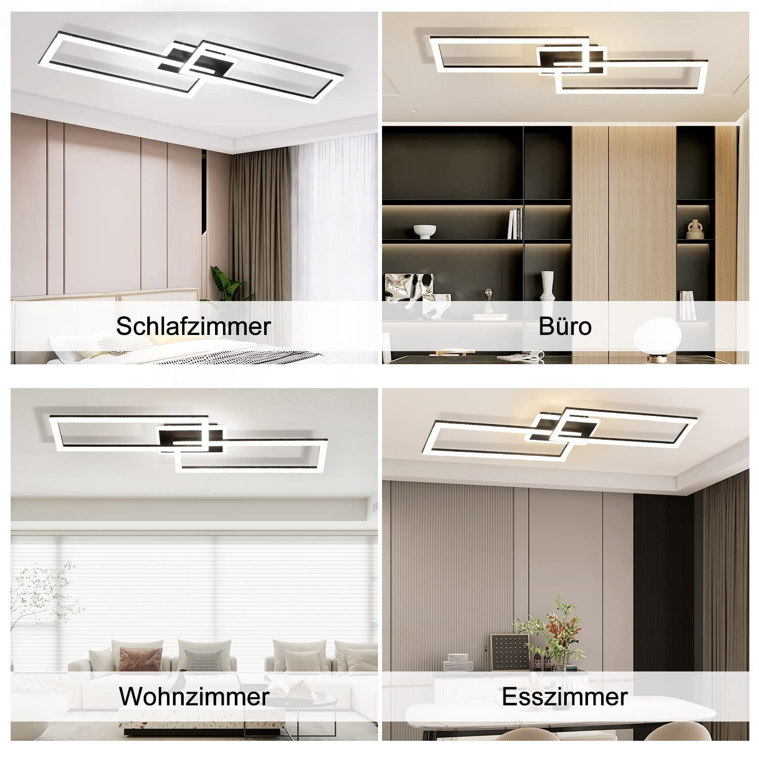 Cuatro imágenes de luces de techo modernas en diferentes habitaciones: dormitorio, oficina, sala y comedor.