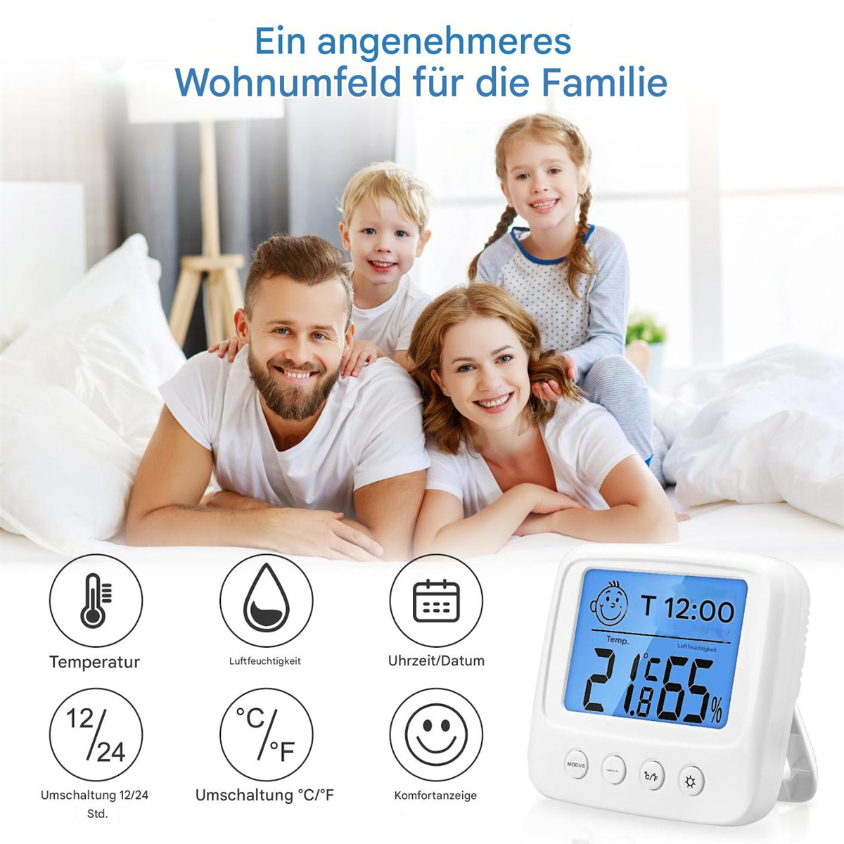 Familie im Bett mit Thermometer und Symbolen. Der Text lautet 'Ein angenehmeres Zuhause'.