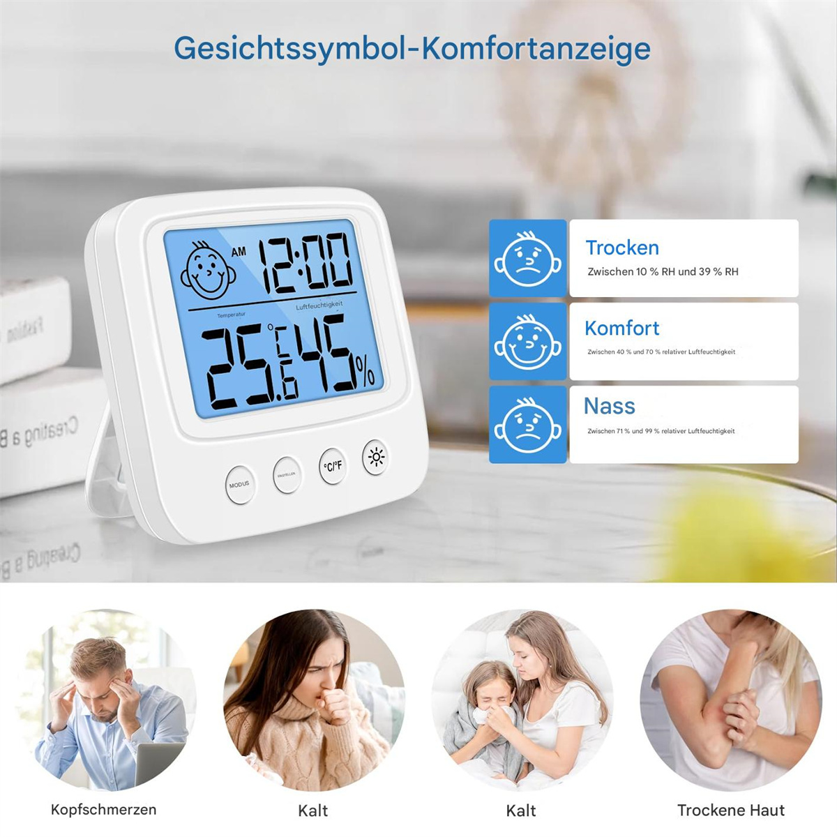 Digitales Innenraumthermometer mit Zeit, Temperatur und Luftfeuchtigkeit. Gesichter zeigen Komfortlevel.