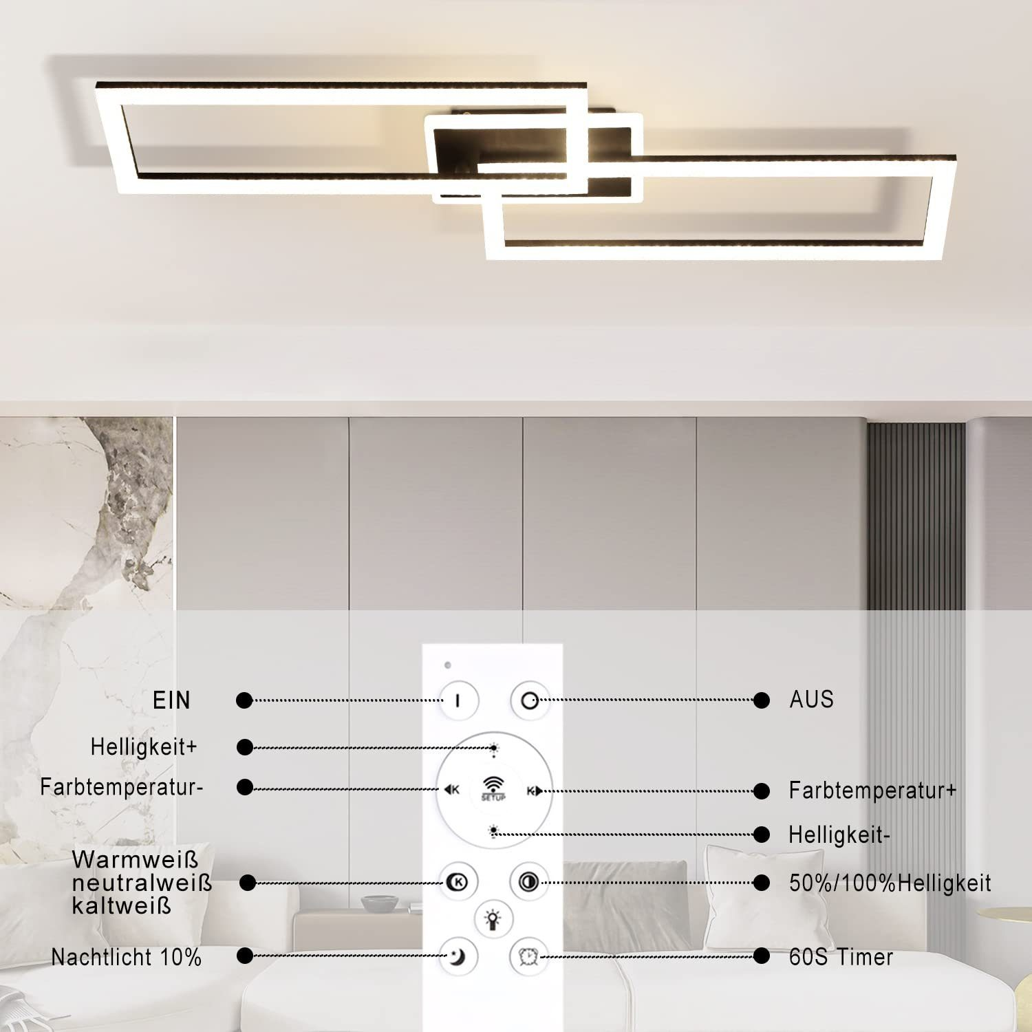 Luz de techo rectangular moderna. Mando a distancia con botones de brillo y color.