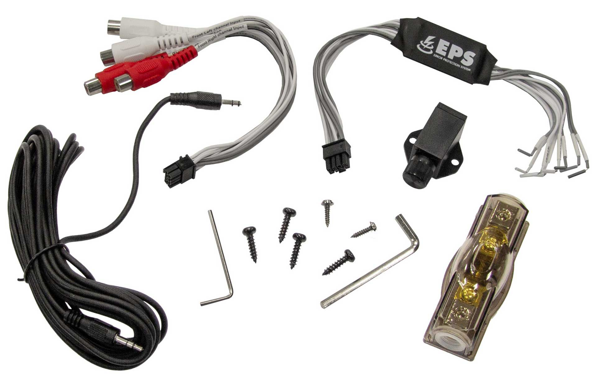 Verschiedene Auto-Audiokomponenten: Kabel, Anschlüsse, Schrauben und ein Sicherungshalter.