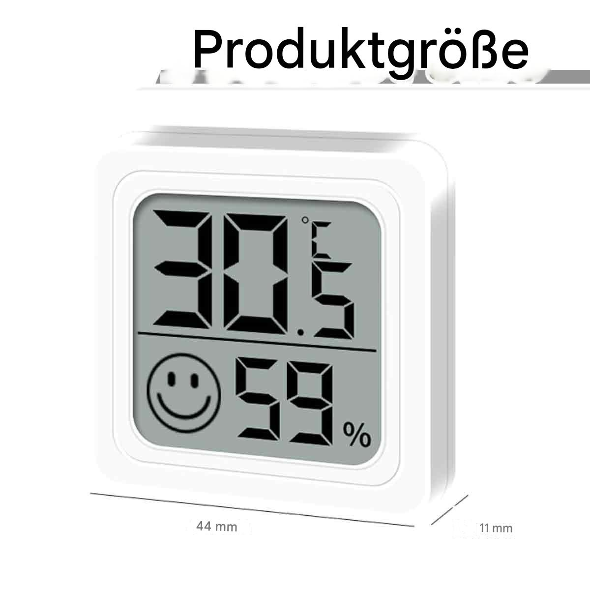 Weißes digitales Thermometer zeigt 30,5 Grad und 59%. Weißer Hintergrund.
