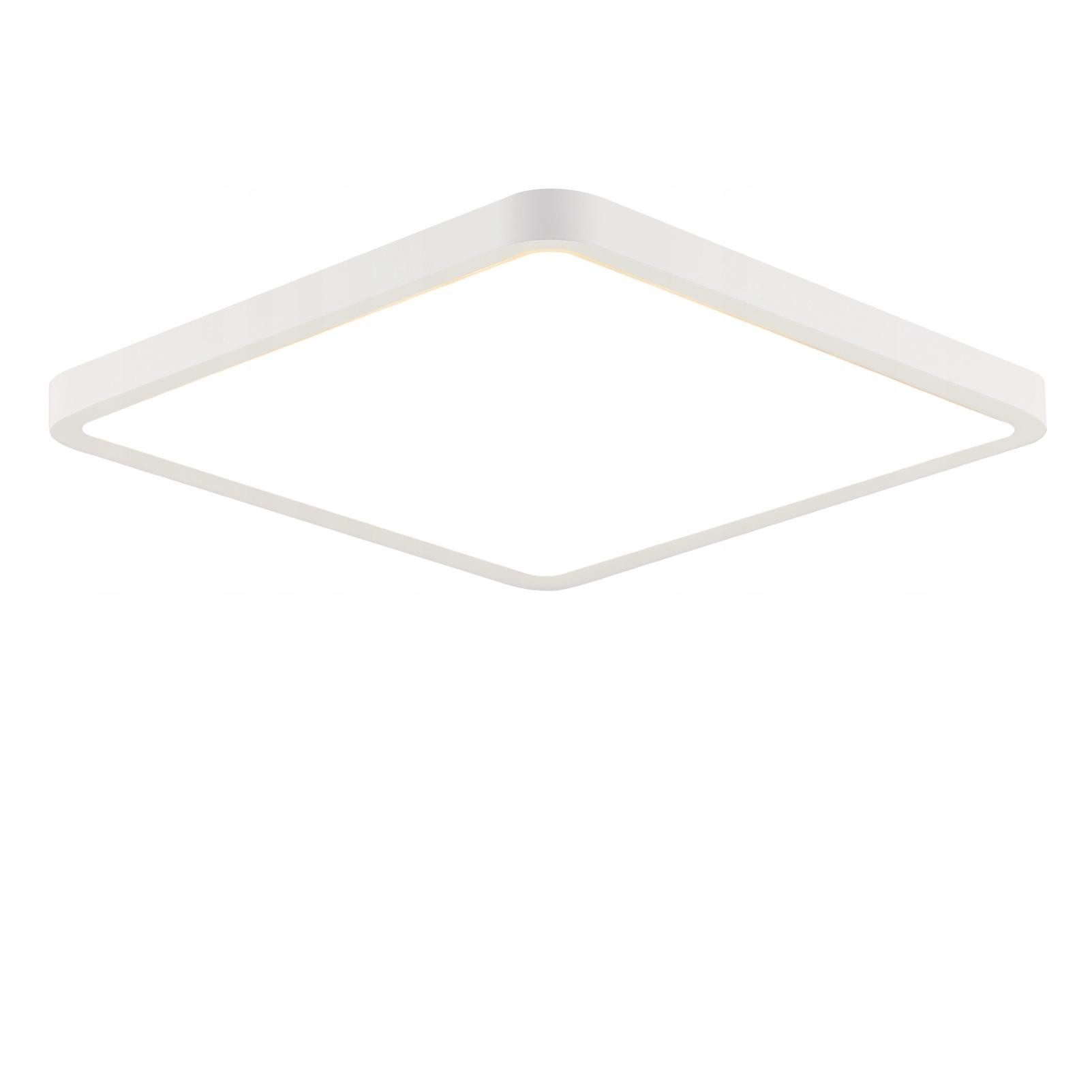 Kwadratowa biała lampa sufitowa LED na białym tle.
