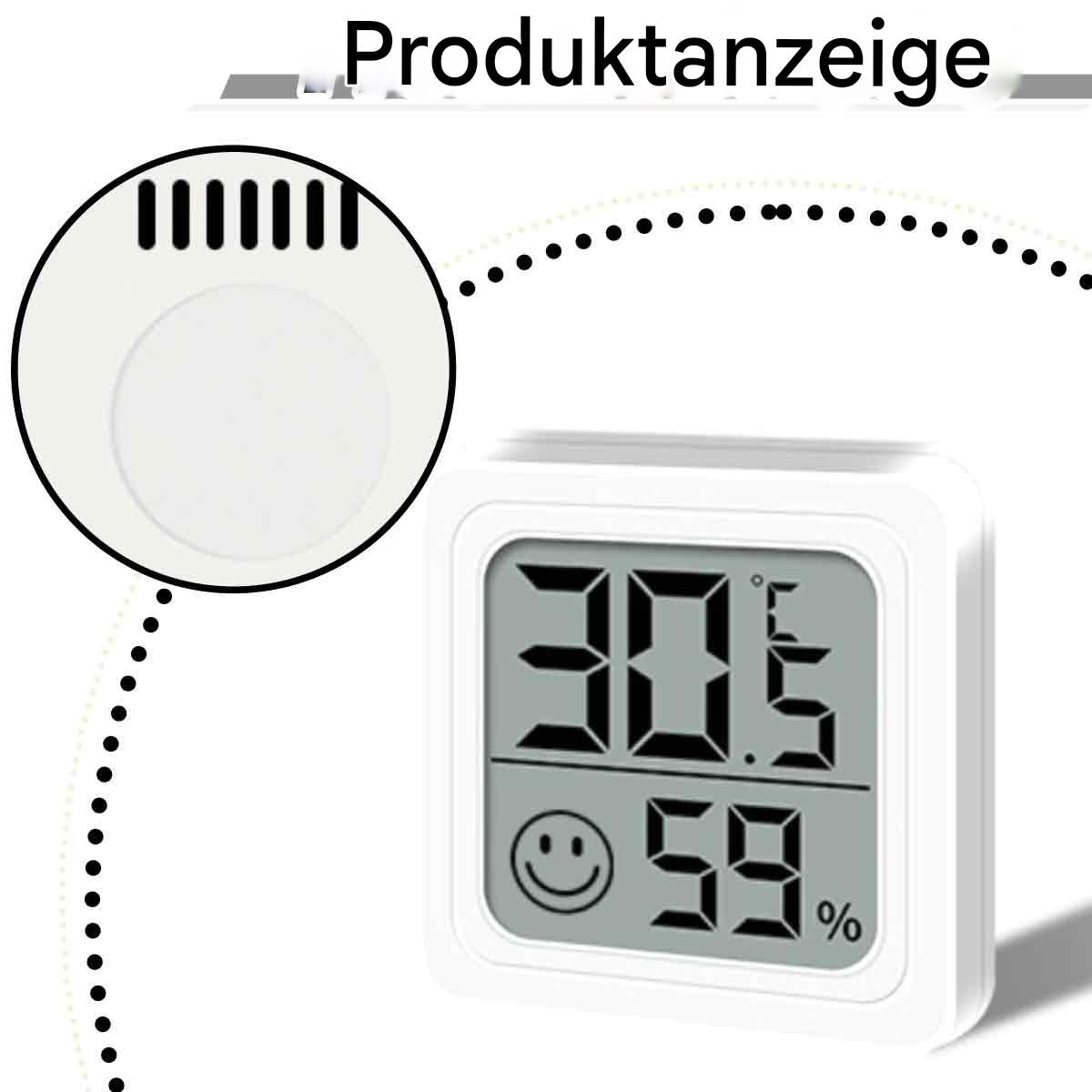Ein kleines weißes digitales Thermometer mit einem Smiley, das Temperatur und Luftfeuchtigkeit anzeigt.