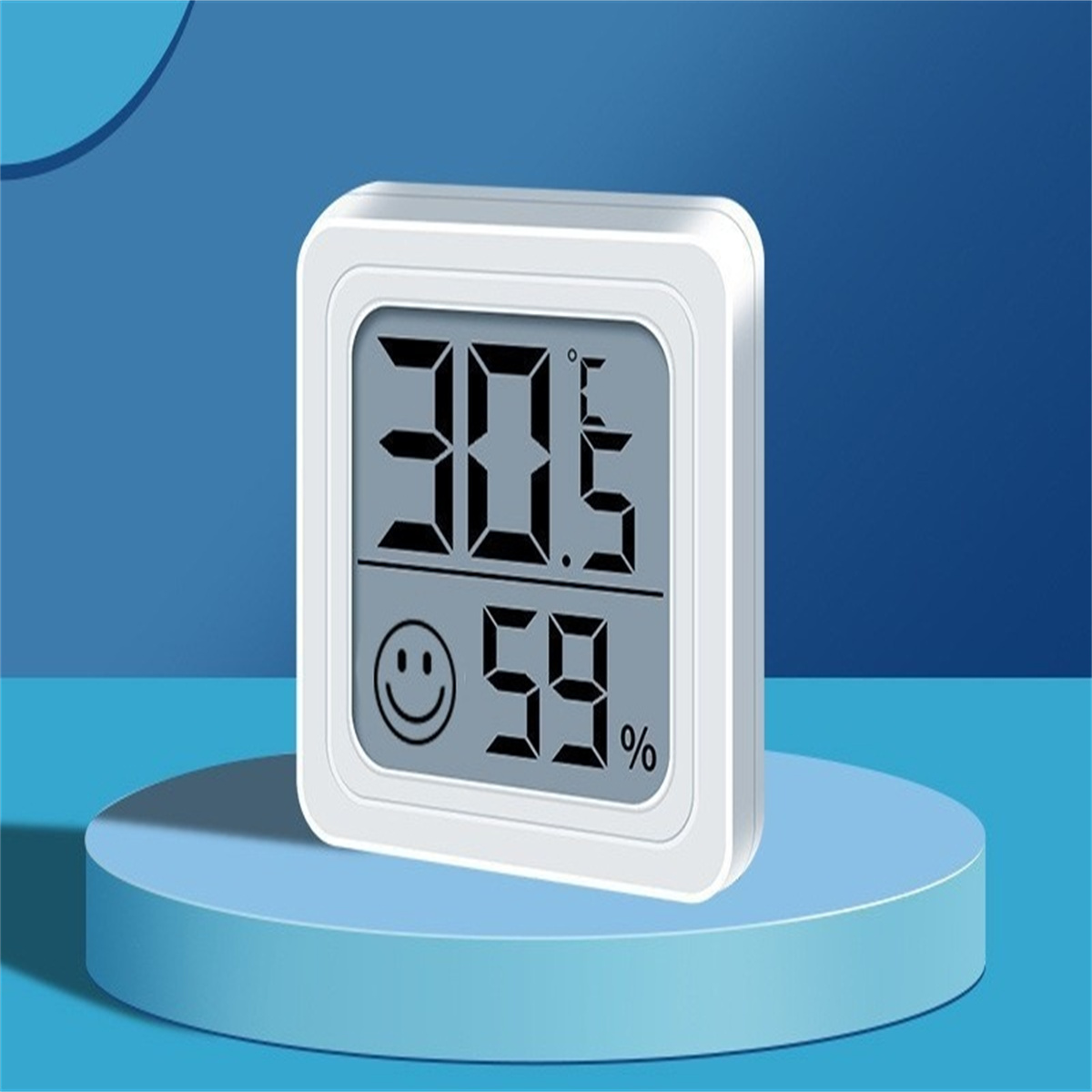 Ein kleines weißes Digitalthermometer zeigt 30,5°C und 59 % Luftfeuchtigkeit an. Ein Smiley ist ebenfalls auf dem Bildschirm zu sehen.