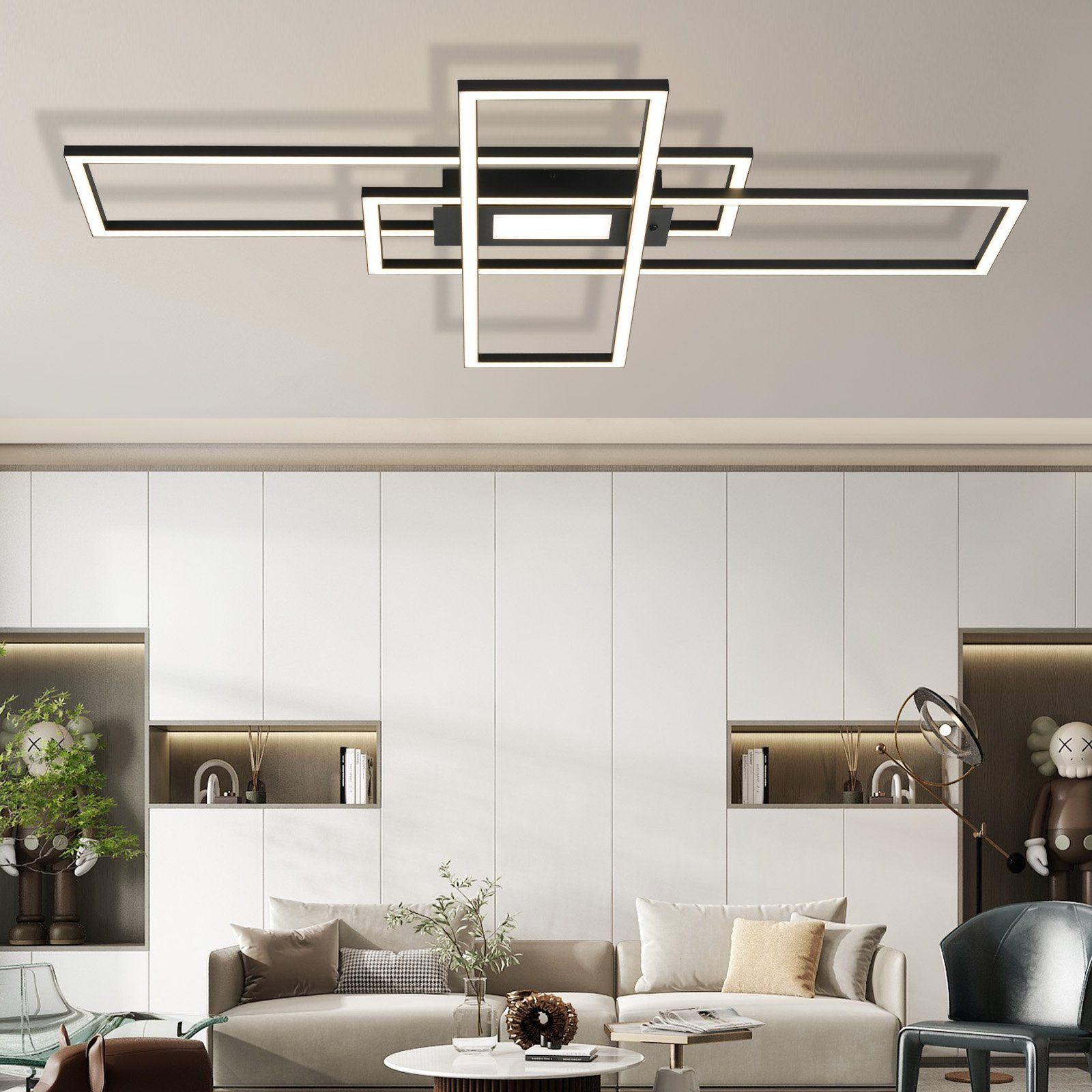 Luz de techo moderna con marco negro, luces blancas y fondo de pared blanca.