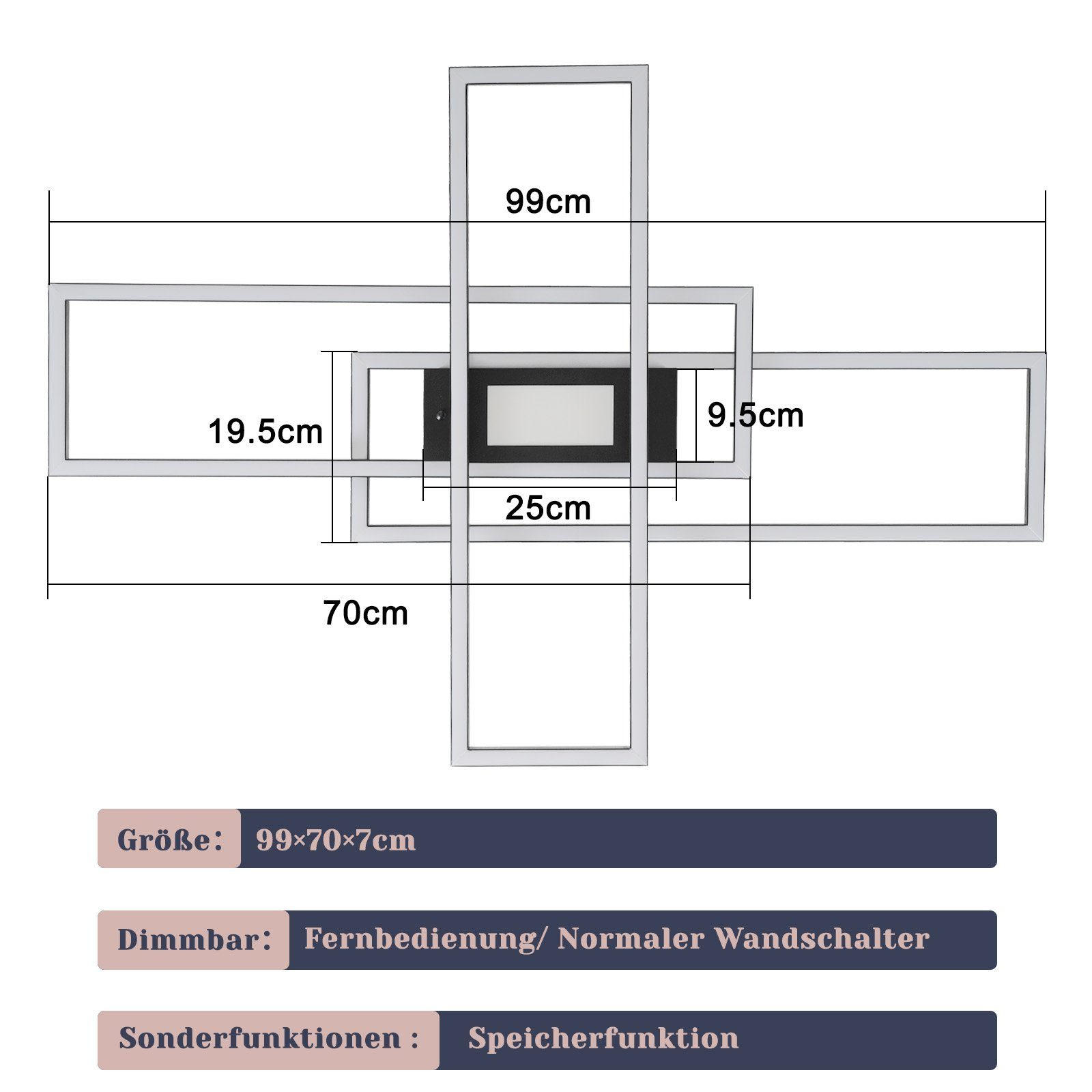 Diagrama con dimensiones y descripciones de una lámpara de techo. La luz tiene forma de cruz.