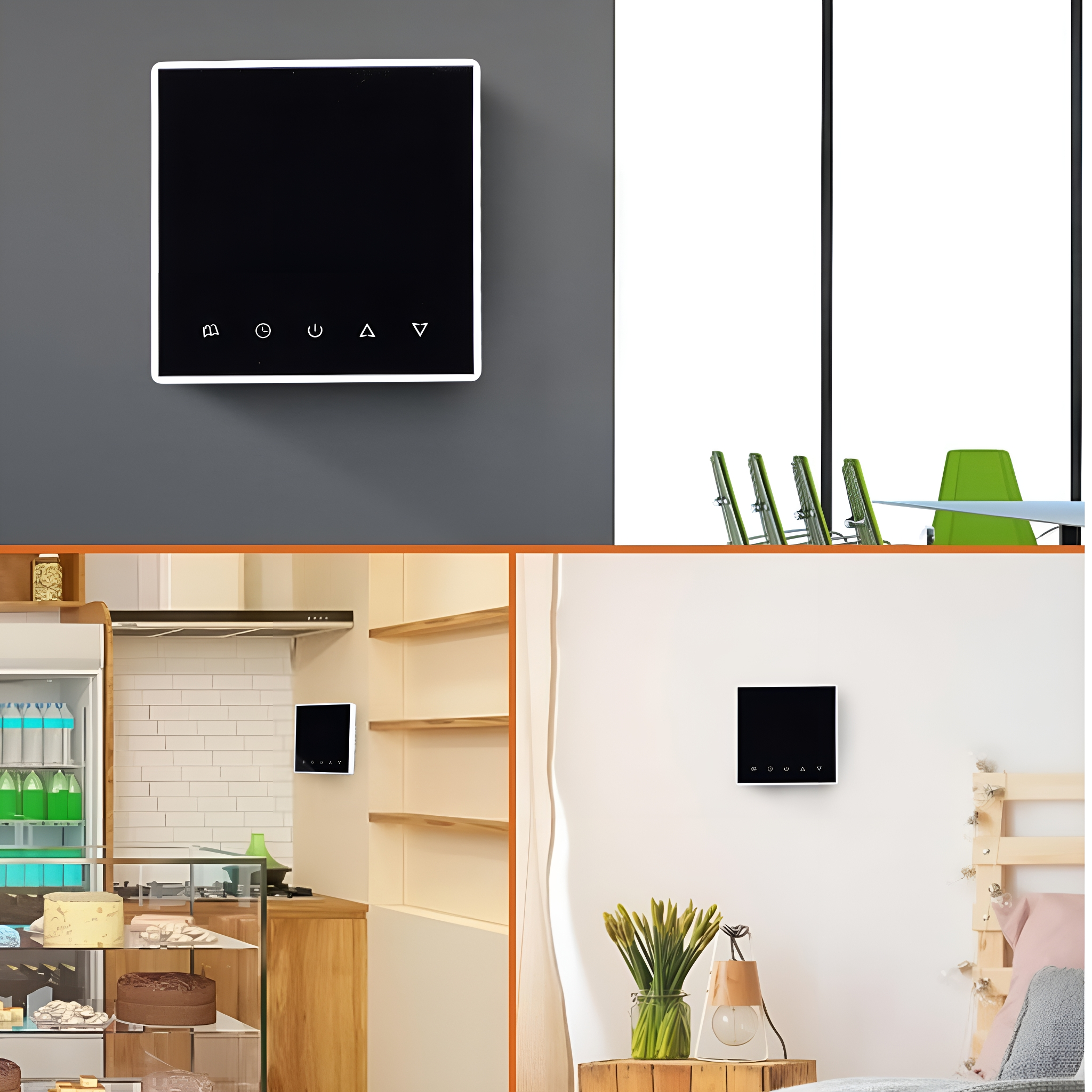 Eine Reihe von Bildern, die ein quadratisches Smart-Home-Gerät und seine Verwendung in verschiedenen Räumen zeigen.