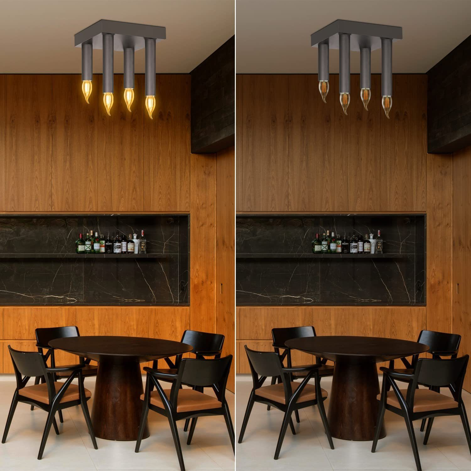 Dos fotos: una habitación con un comedor y una lámpara de techo, una con las luces encendidas, otra apagadas.
