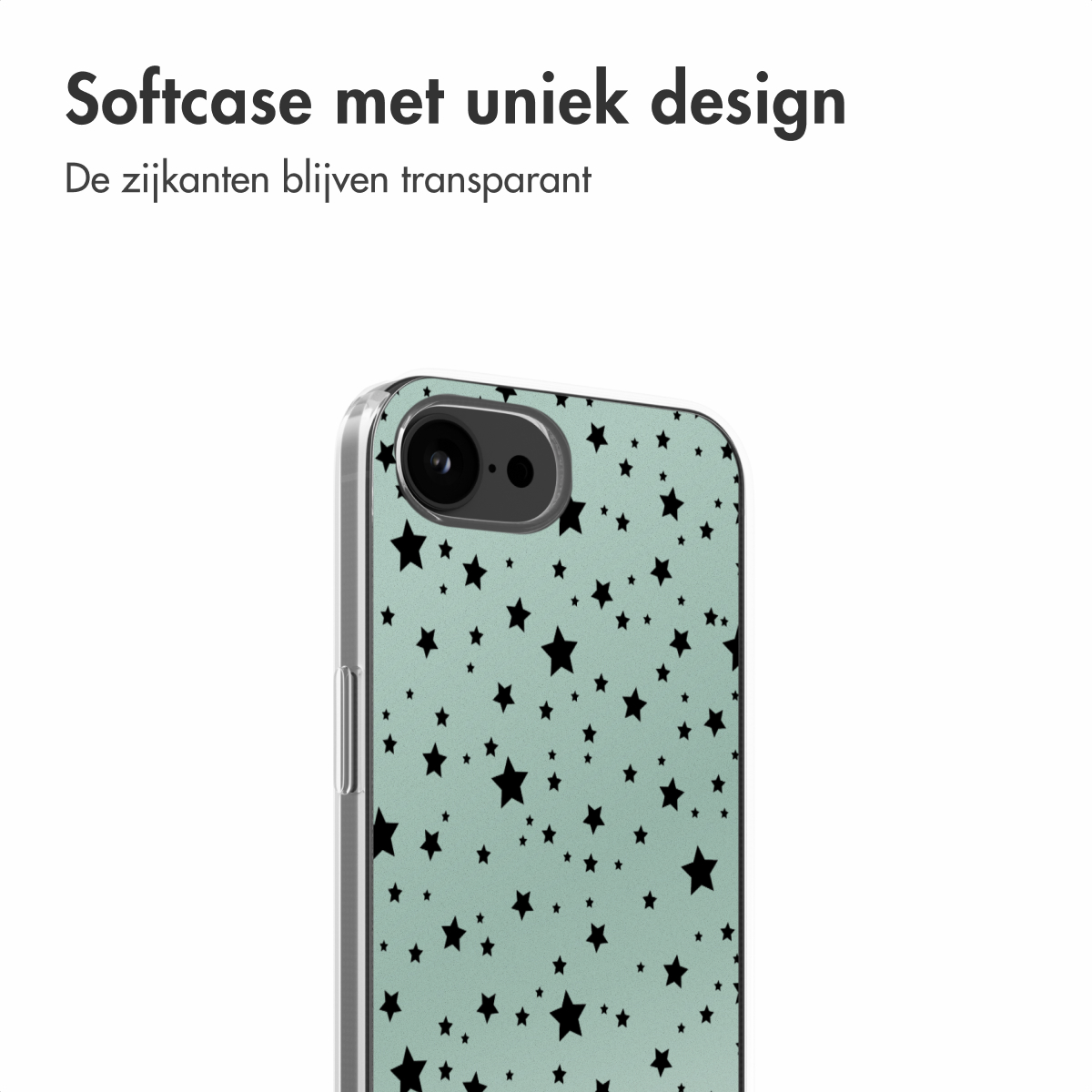Eine Handyhülle mit einzigartigem Design. Sie hat einen mintgrünen Hintergrund mit schwarzen Sternen. Die Seiten sind transparent.