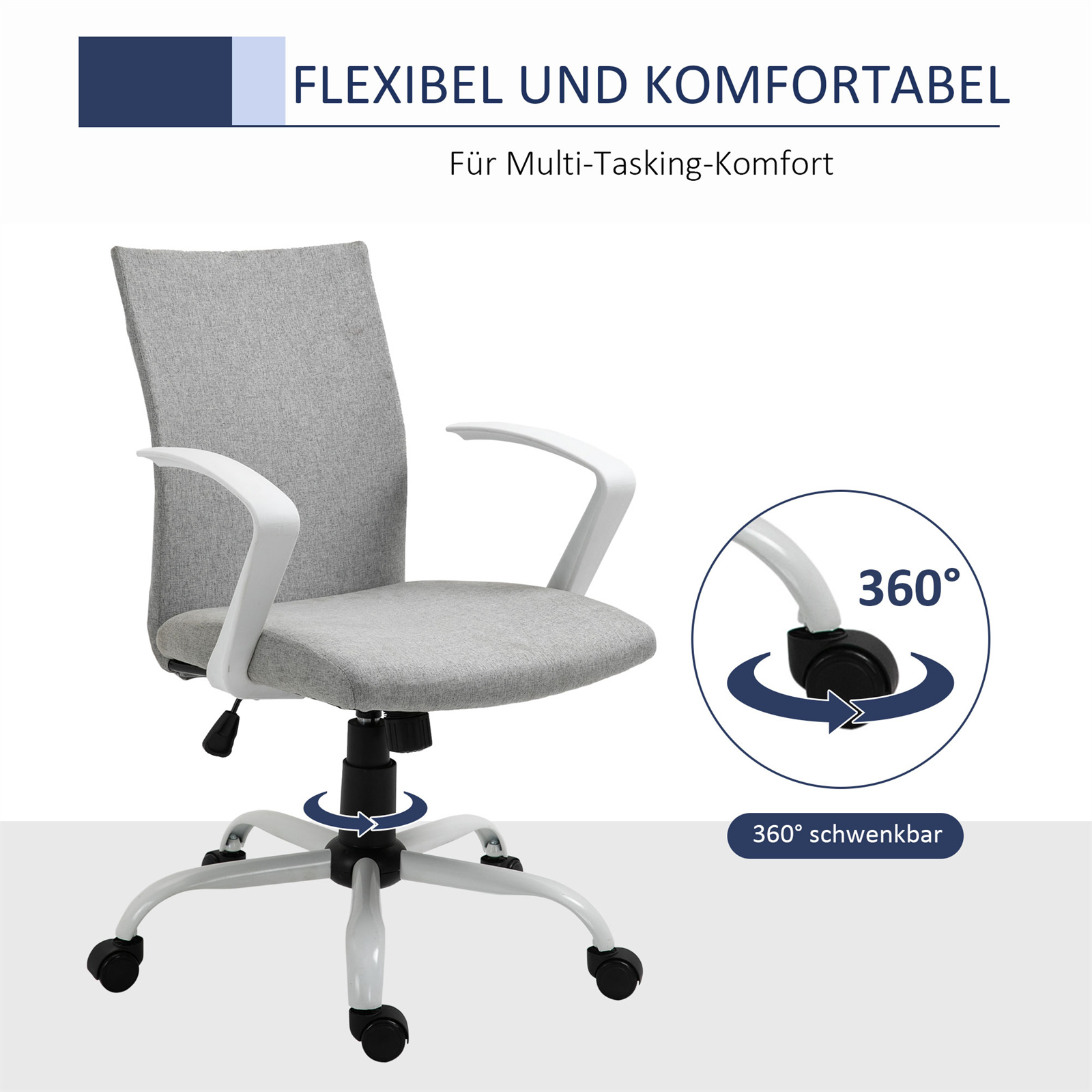 Ein grau-weißer Bürostuhl mit weißen Armlehnen und schwarzem Fuß. Zeigt eine 360°-Schwenkfunktion.