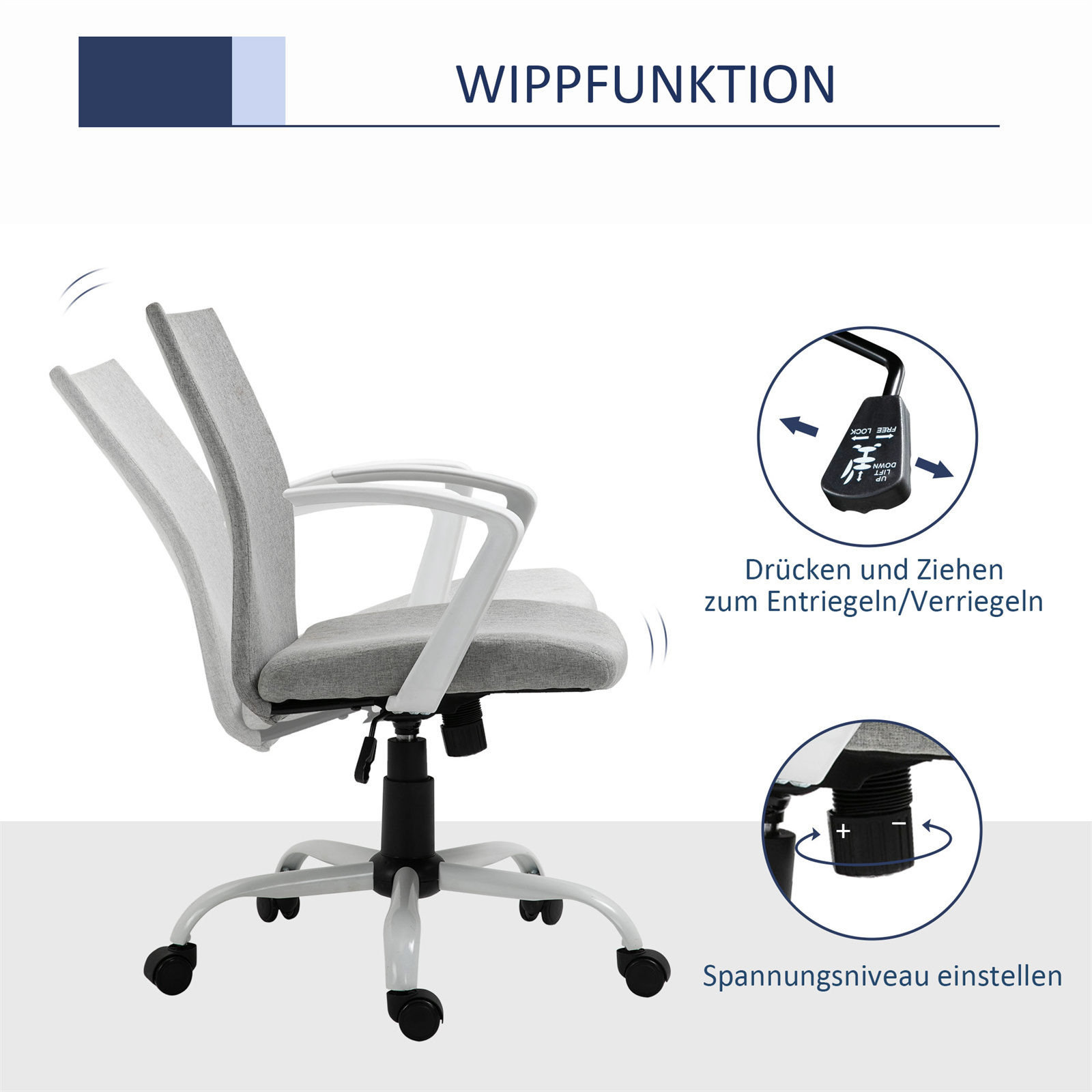 Bürostuhl mit Liegefunktion, Einstellungsdetails zeigend.