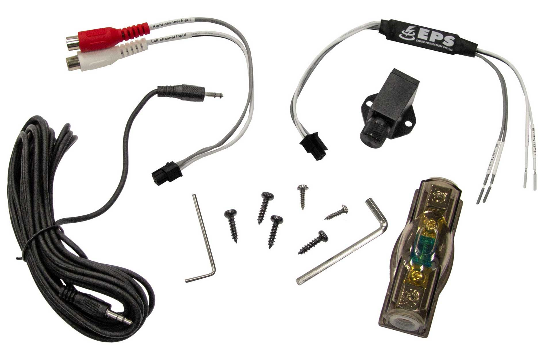 Verschiedene Audiokabel und Anschlüsse, darunter Cinch, eine 3,5-mm-Buchse, Schrauben und eine Sicherung.