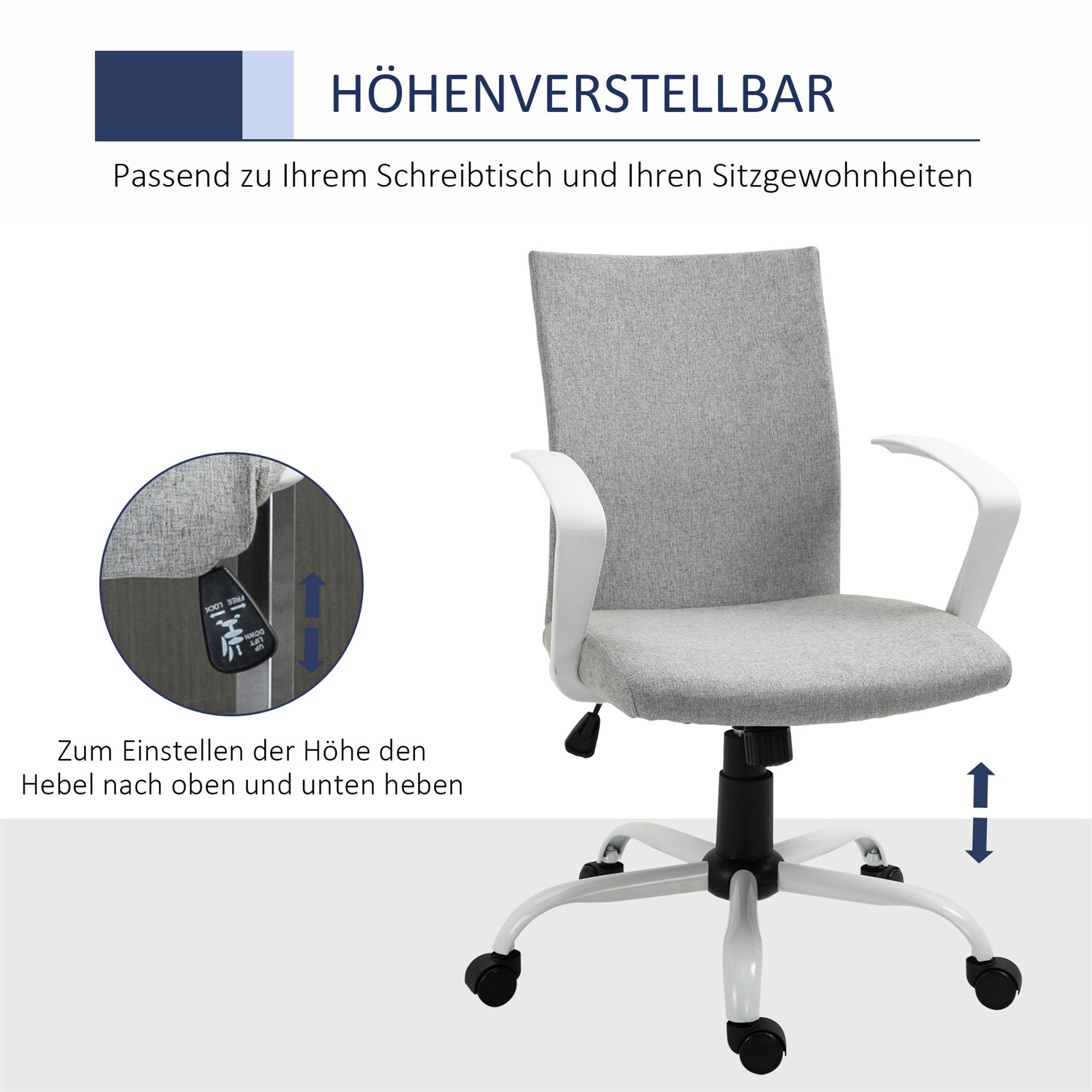Ein Bürostuhl mit grauer Rückenlehne und weißen Armlehnen, mit Details zur Höhenverstellung.