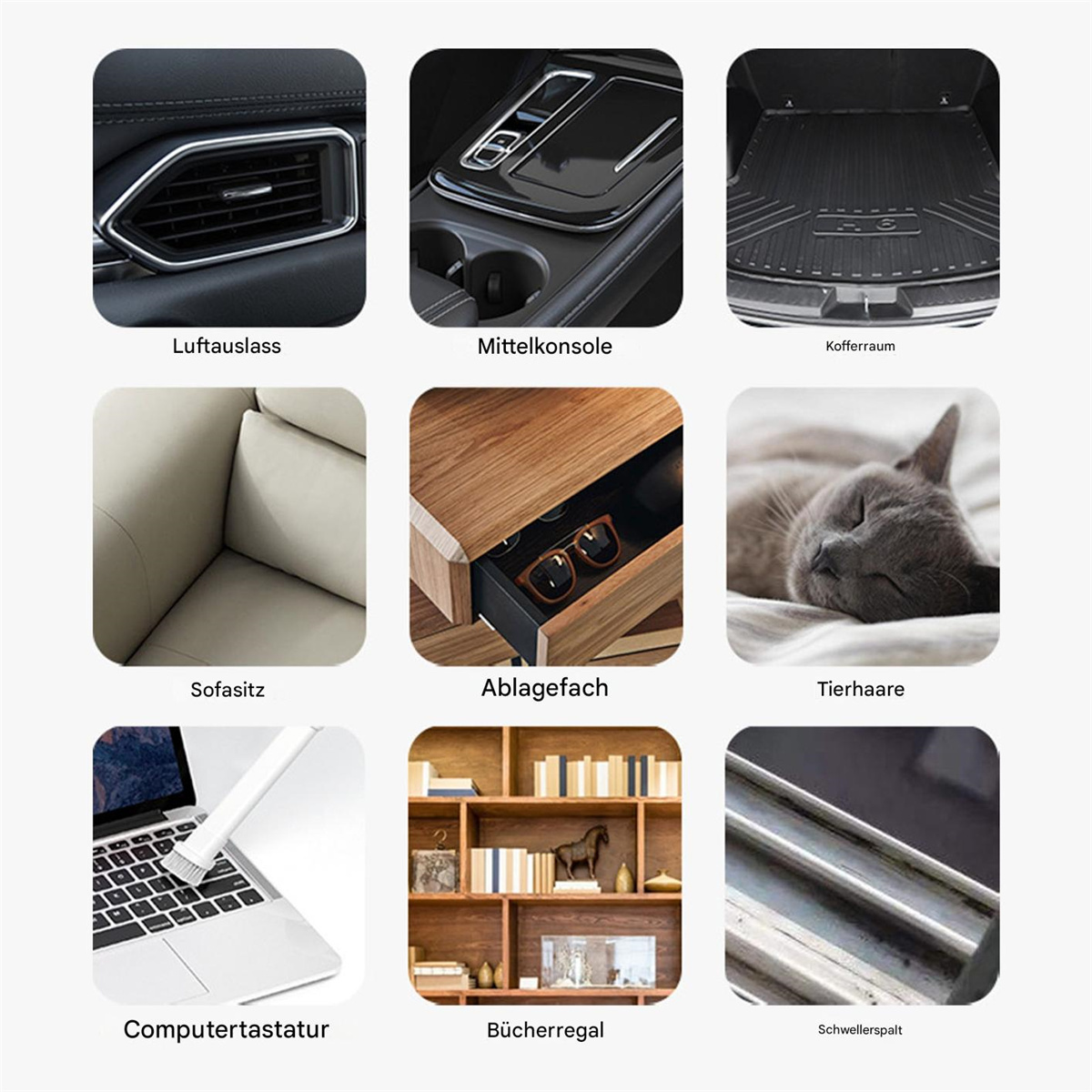 Neun Bilder von verschiedenen Autoteilen und Gegenständen: Luftauslass, Konsole, Kofferraum, Sitz, Schublade, Katze, Tastatur, Bücherregal und Tür.