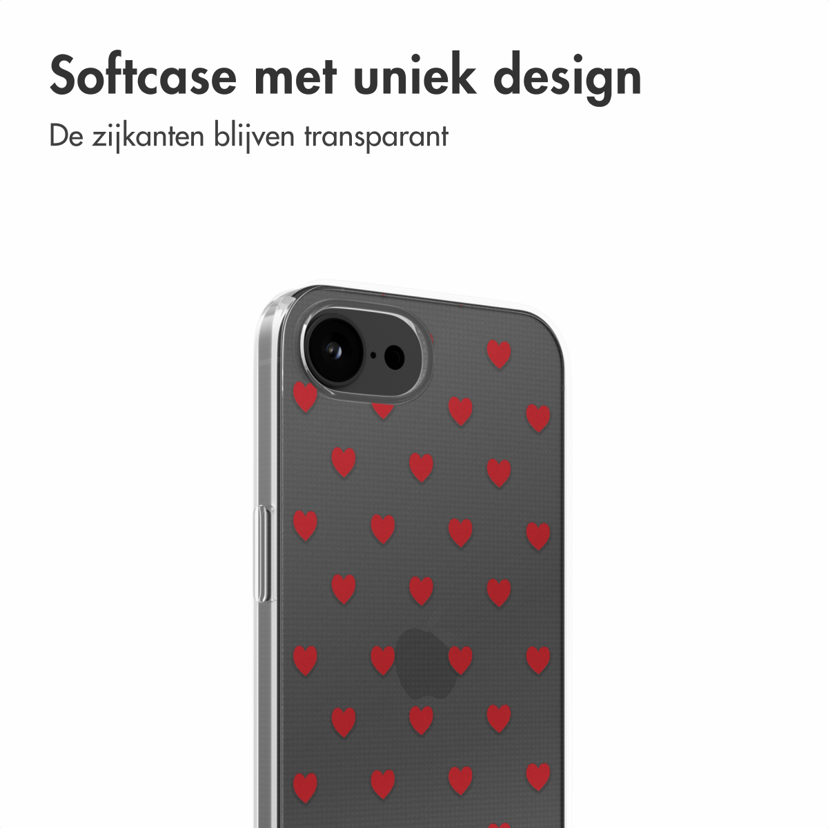 Eine Handyhülle mit einem Herzmuster auf transparentem Hintergrund. Die Hülle liegt auf einer weißen Oberfläche.