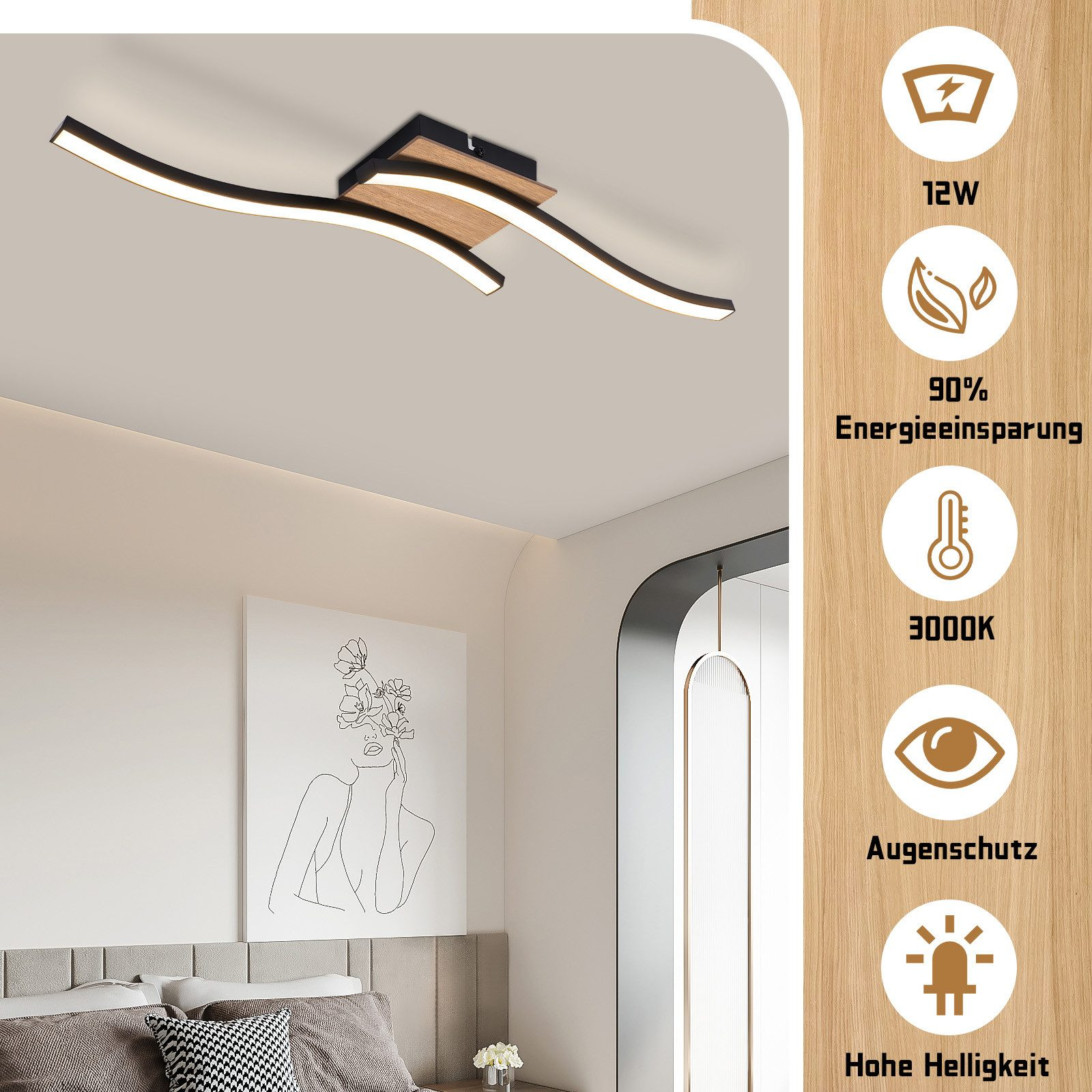 Lampa sufitowa z drewnianą podstawą, zakrzywionymi światłami i ikonami. Światło znajduje się w sypialni.