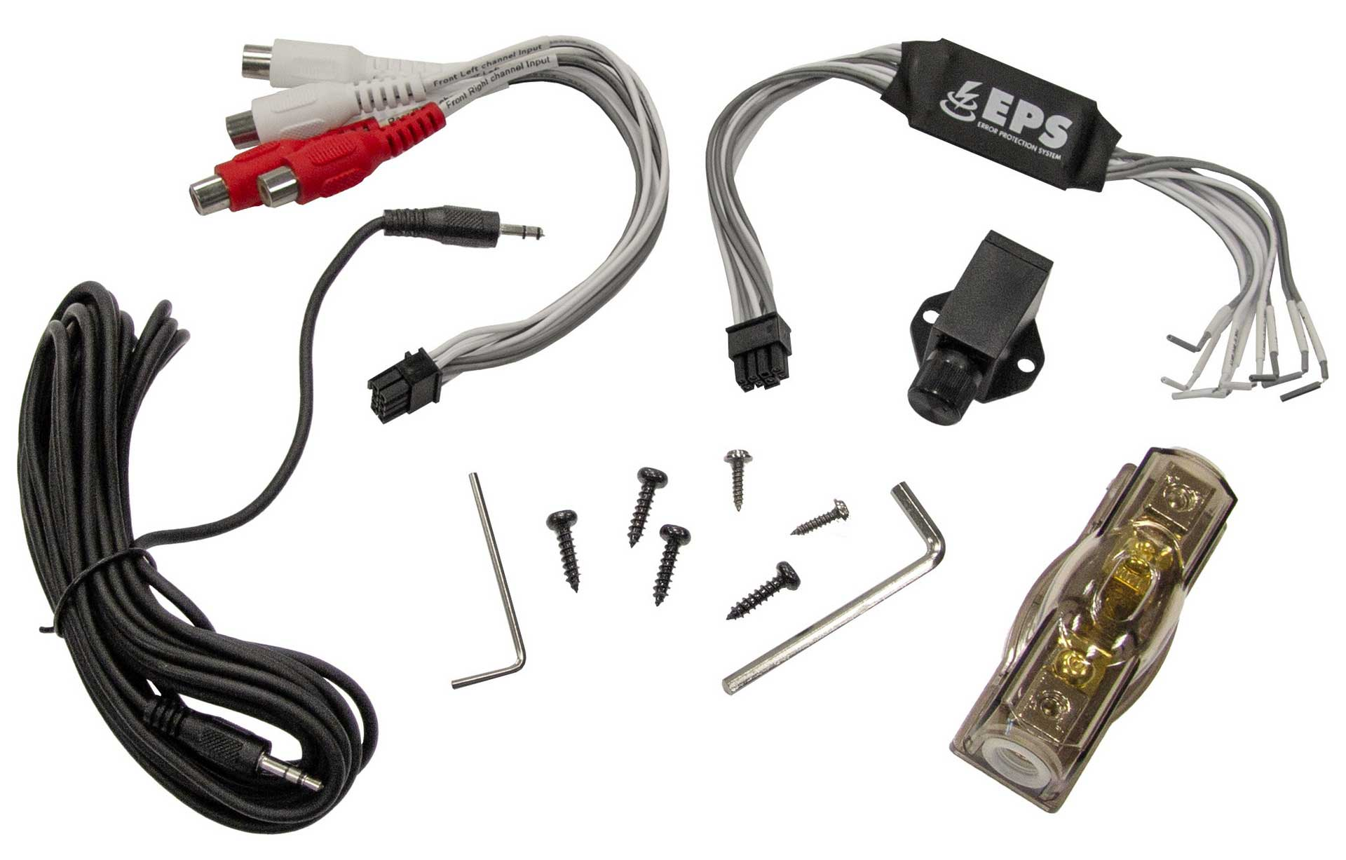 Verschiedene elektronische Auto-Audiokomponenten: Kabel, Schrauben, Stecker und eine Sicherung.