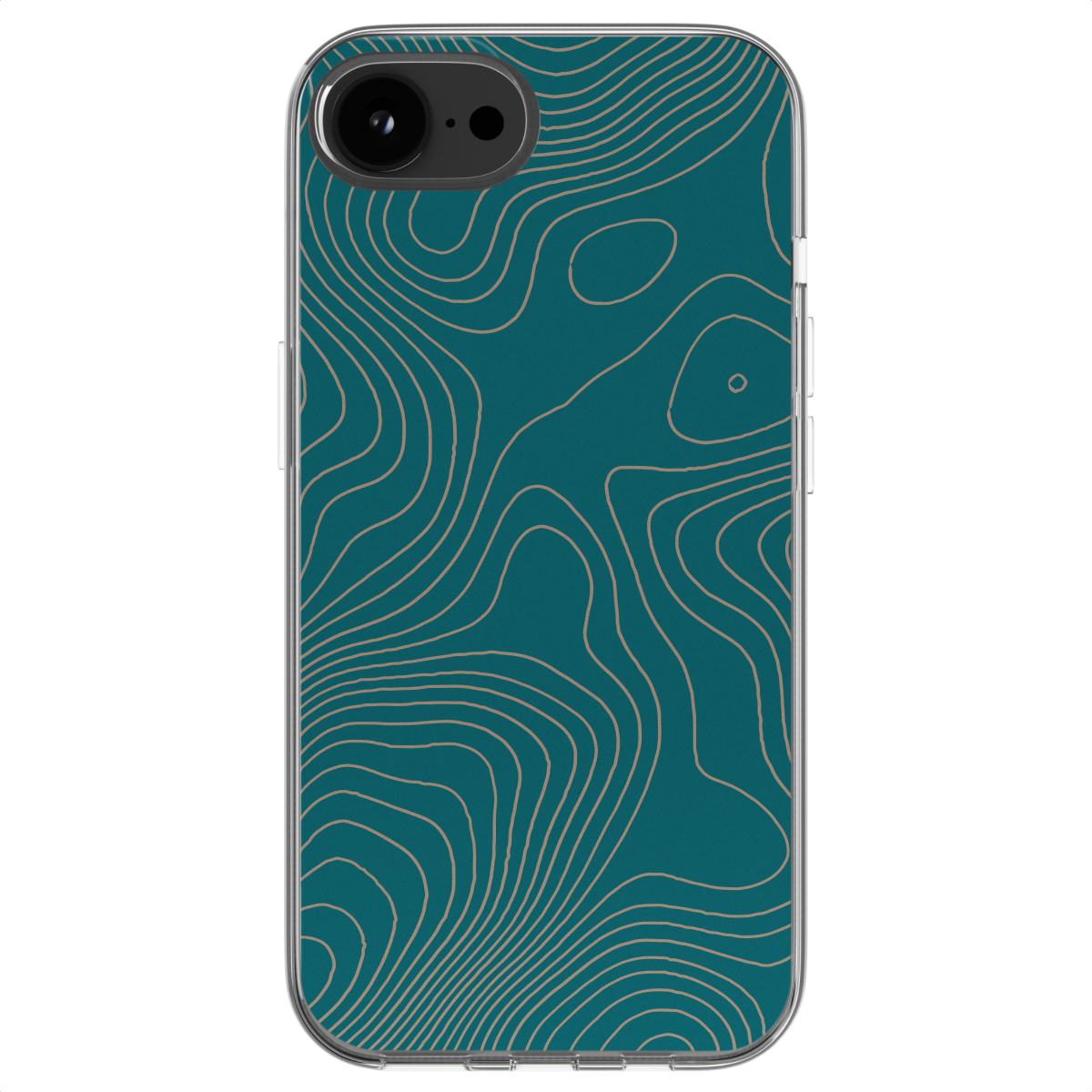 Türkisfarbene Handyhülle mit topografischen Linien auf weißem Hintergrund.